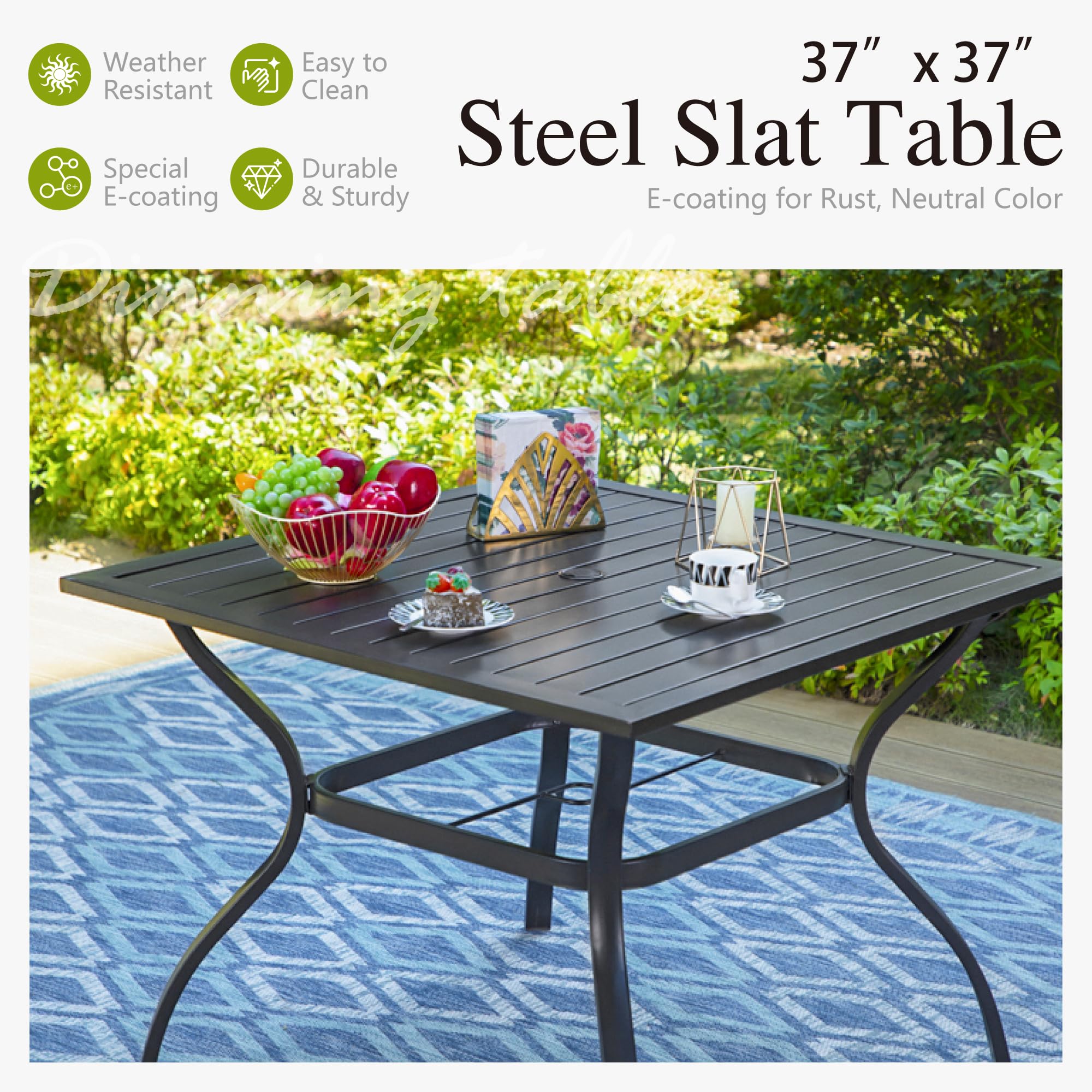 PHI VILLA 37 Inch Square Outdoor Dining Table for 4 - Weather-Resistant Metal Patio Table with E-Coating, Steel Slatted Design & 1.57