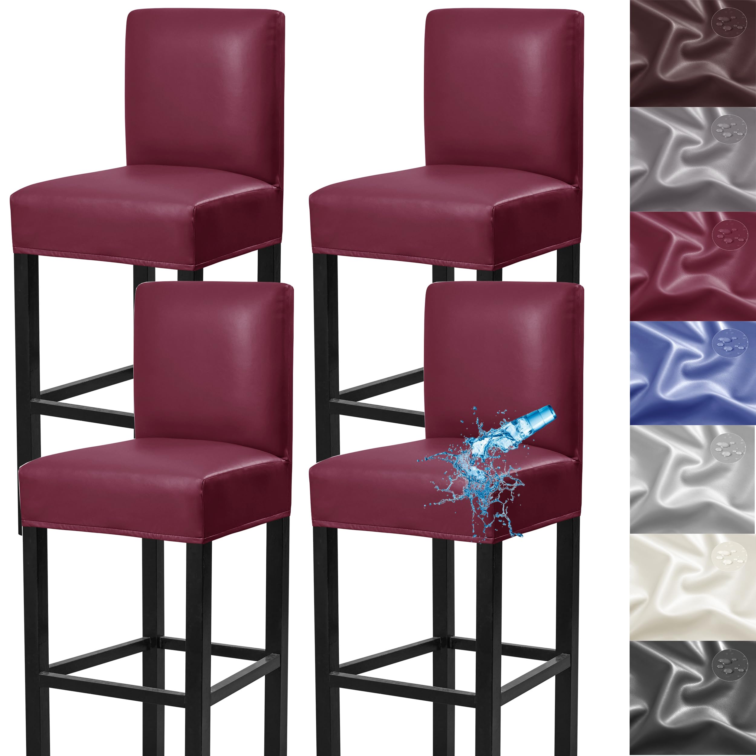 4 Pack Stretch Waterproof PU Bar Stool Covers with Backs - Removable Elastic Slipcovers for Pub, Counter & Kitchen Chairs - Durable Red Seat Covers for Home, Restaurant & Outdoor Use