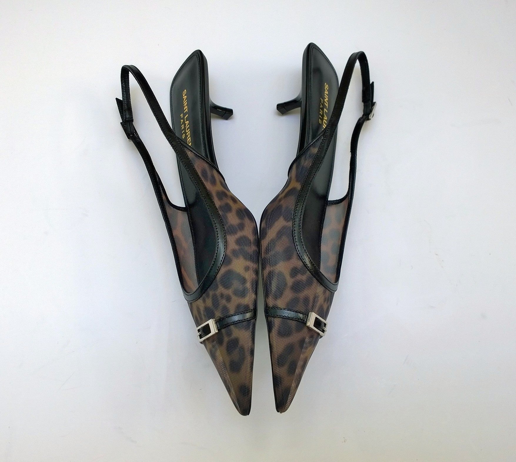 Saint Laurent Oxalis Leopard Print Mesh Slingback Heels - Kitten Heel 30mm - New in Box - Perfect for Evening Parties & Date Nights