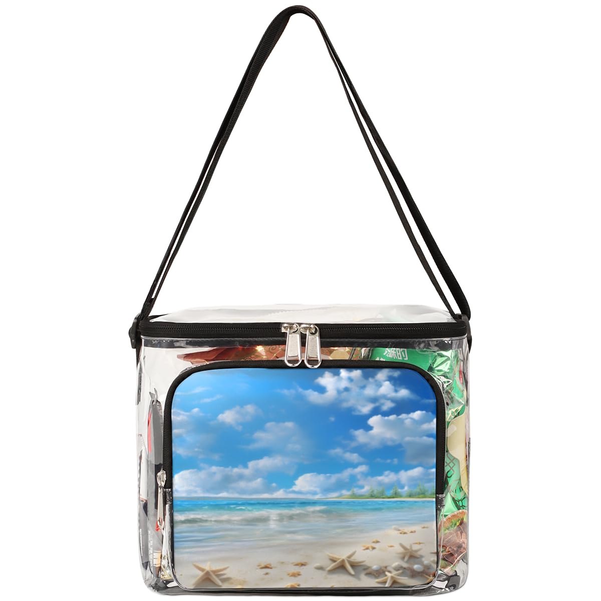 GzLeyigou Clear Transparent Tote Bag with Handles - Blue Sky Beach Starfish Shell Design - Crossbody Shoulder Bag & Lunch Tote for Outdoor Activities, Travel, Picnic, Concerts & Sports Events (Stadium Approved) - Perfect for Beach Days, Music Festivals and Summer Adventures