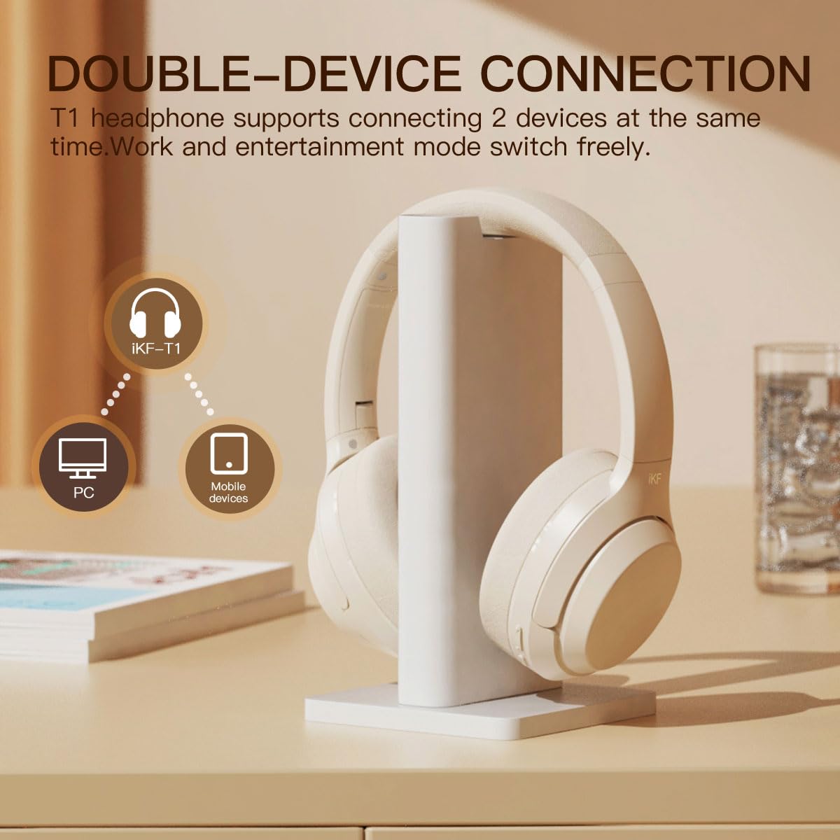 iKF T1 Wireless & Wired Headphones with Active Noise Cancelling, 50H Playtime, Built-in Mic, Dual Device Pairing - Compatible with iOS/Android (Off-White) - Perfect for Work, Travel & Gaming