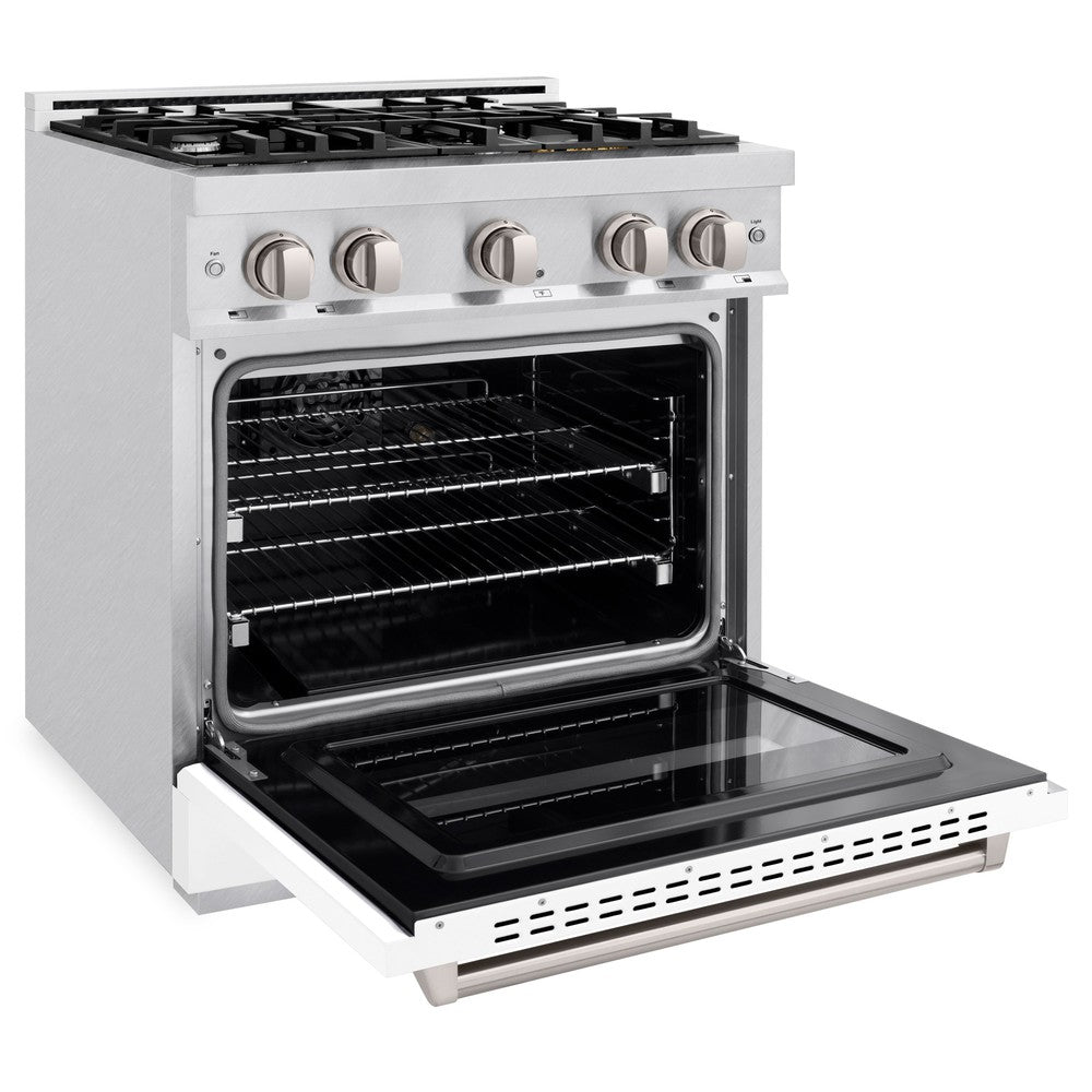 ZLINE 30 Inch 4.2 Cu. Ft. Classic Gas Range with 4 Burner Cooktop & Convection Gas Oven - Satin Stainless Steel with White Matte Door (CGRS WM 30) | Perfect for Modern Kitchens, Home Cooking & Professional Chefs