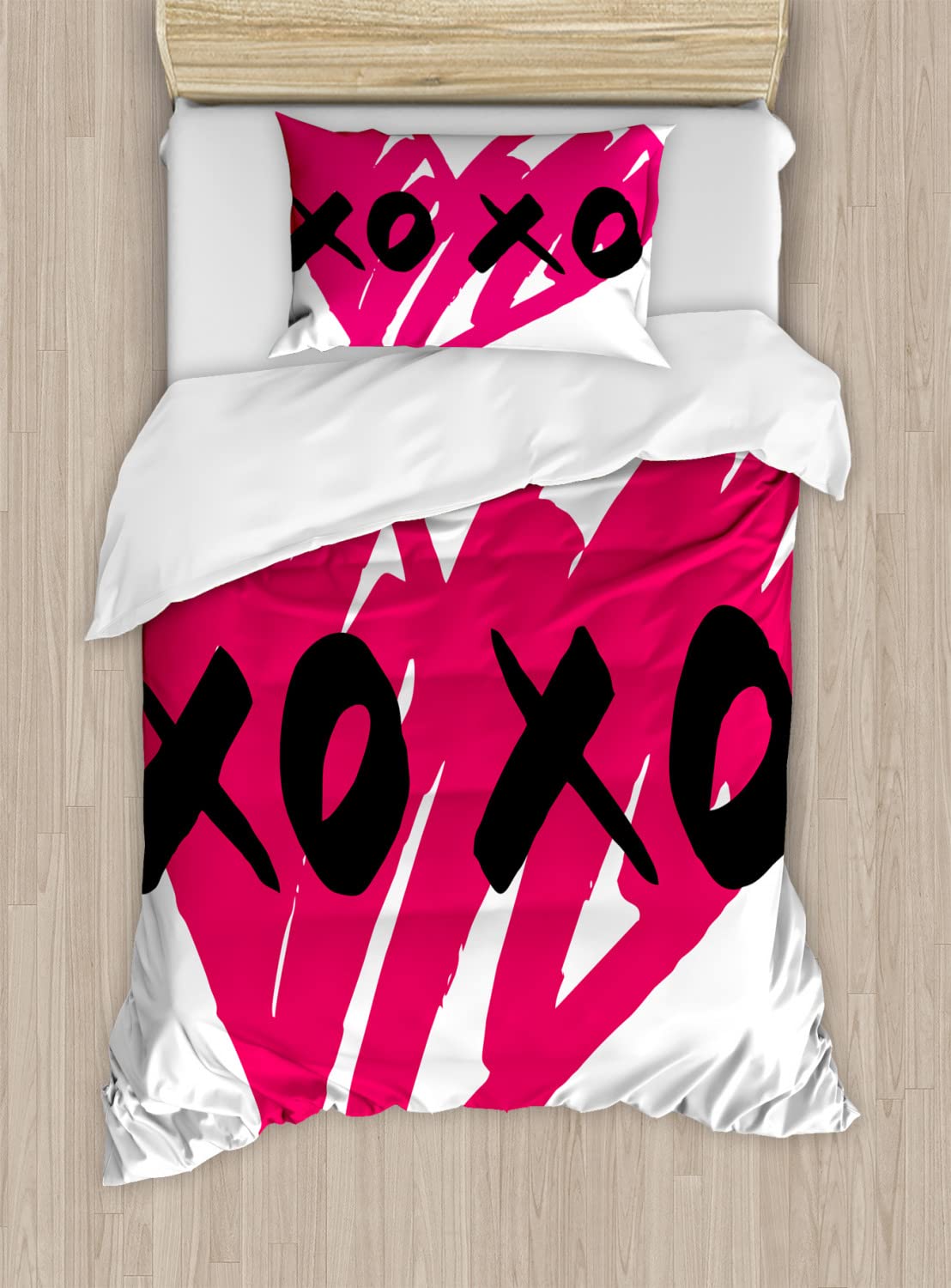 Ambesonne Xo Duvet Cover Set - Romantic Abstract Calligraphy Design with Hearts & Kisses for Couples | 2-Piece Twin Size Bedding Set (Pink & Black) | Includes 2 Duvet Covers & 2 Pillowcases | Perfect for Valentine's Day, Anniversary Gifts or Couples Bedroom Decor