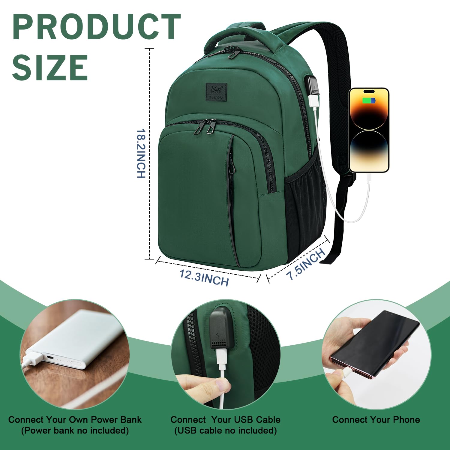 WOLT 15.6-17 Inch Laptop Backpack for Men & Women - Flight Approved Travel Backpack with USB Charging Port & Computer Compartment - Durable College Bookbag for Work, School & Business Travel (Green)