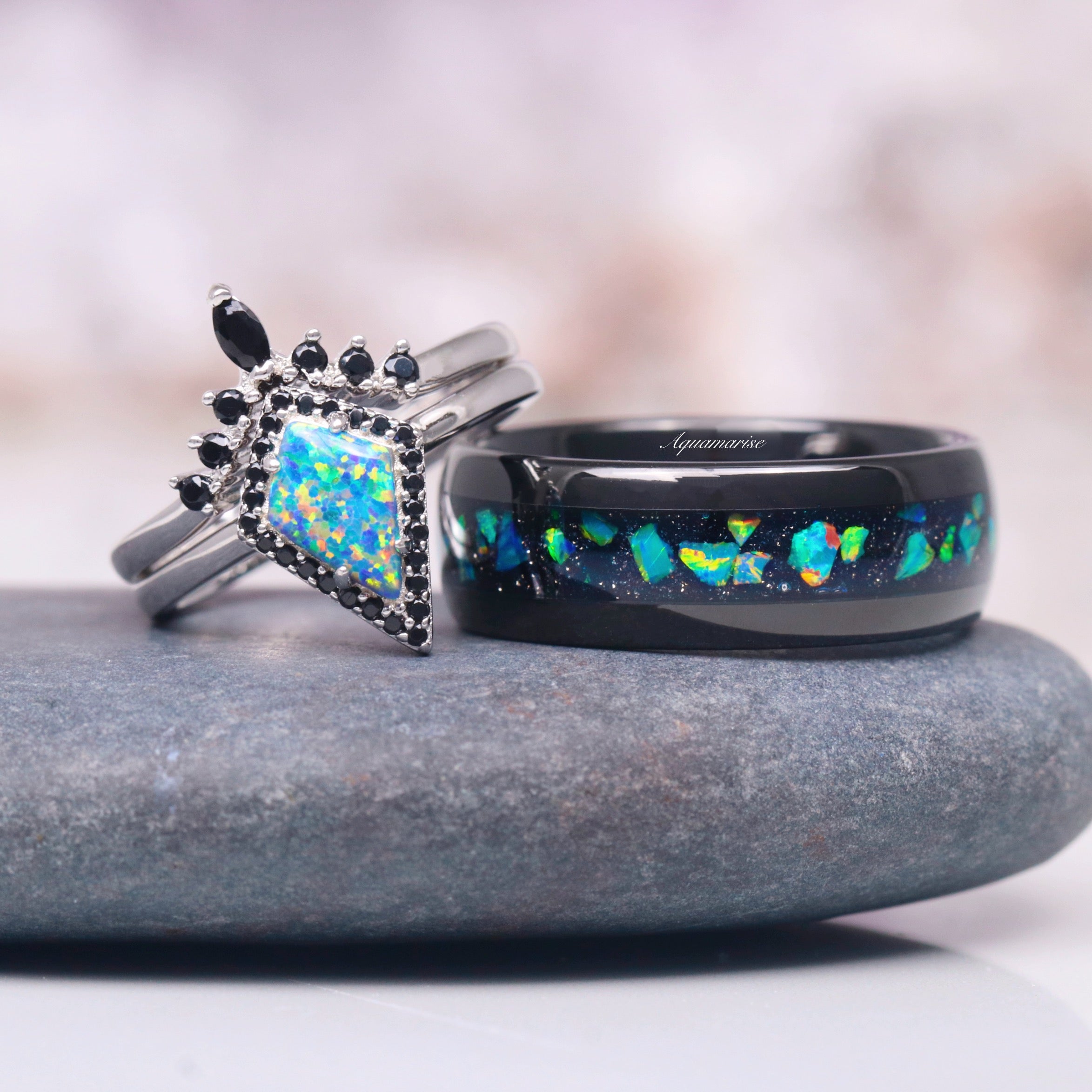 Galaxy Fire Opal & Starry Night Couple Rings - Matching Wedding Bands for Him & Her - Perfect for Anniversaries, Engagements, and Romantic Gifts