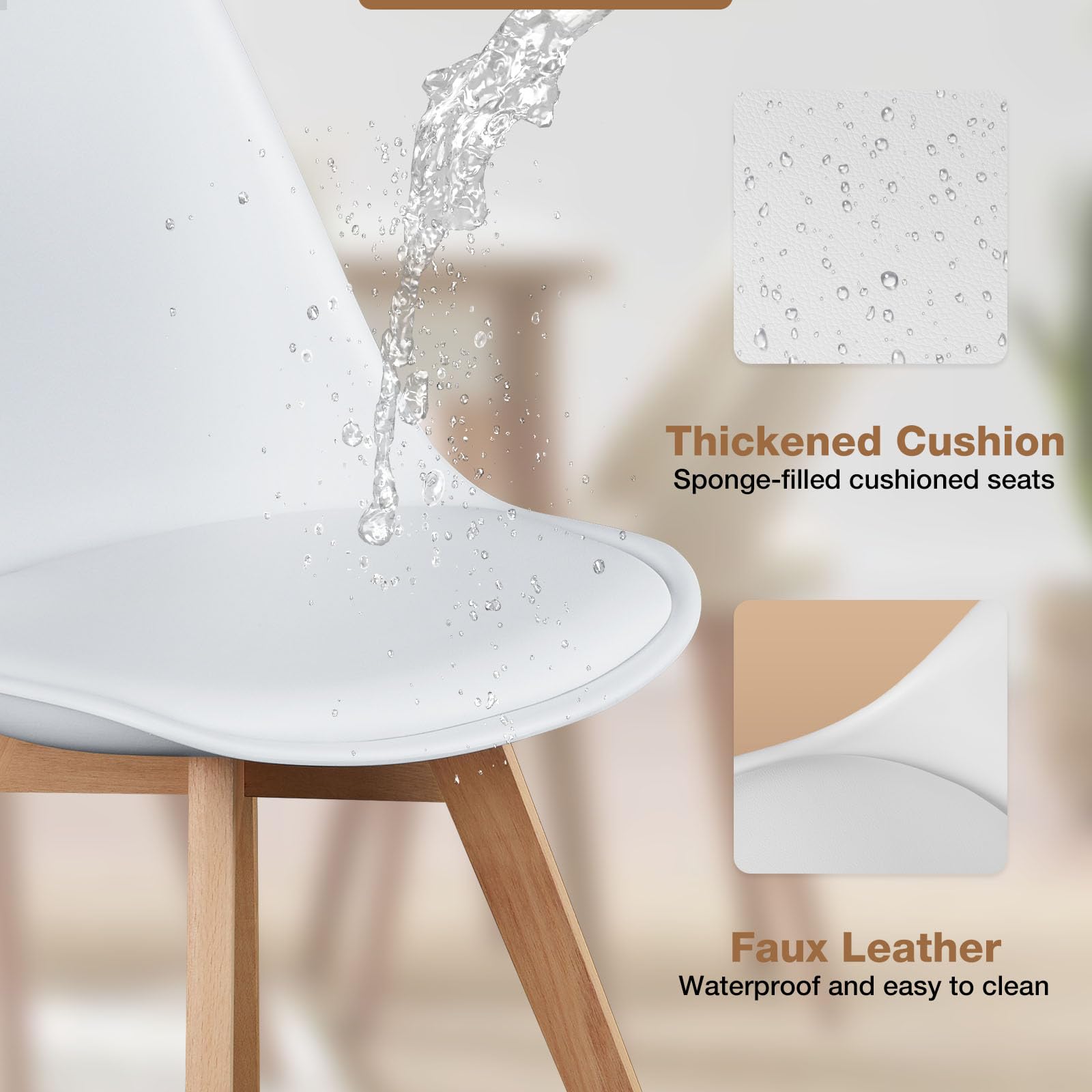 OLIXIS Set of 4 Mid-Century Modern Dining Chairs with Wooden Legs & PU Leather Cushion - White Kitchen Chairs for Dining Room, Living Room, Bedroom or Outdoor Lounge | Perfect for Home Decor, Entertaining Guests & Relaxing