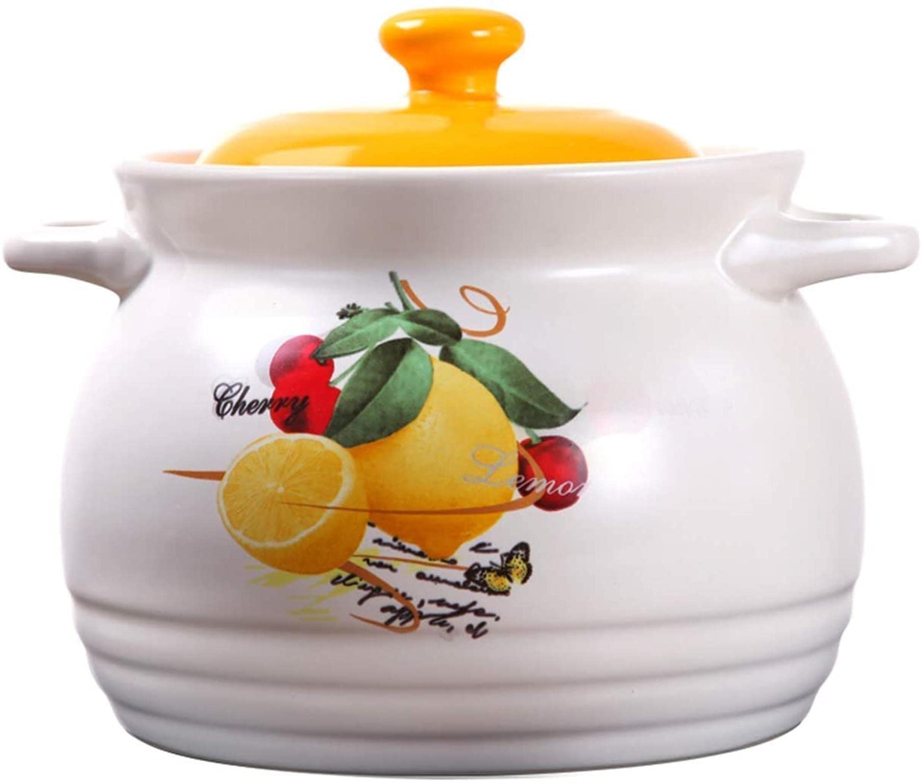 NFY 4600ml Heat-Resistant Ceramic Casserole Pot - Glazed Stone Cookware for Open Fire Cooking, Oven & Stovetop Use - Perfect for Soups, Stews & Asian Hot Pot (White Lemon Design)
