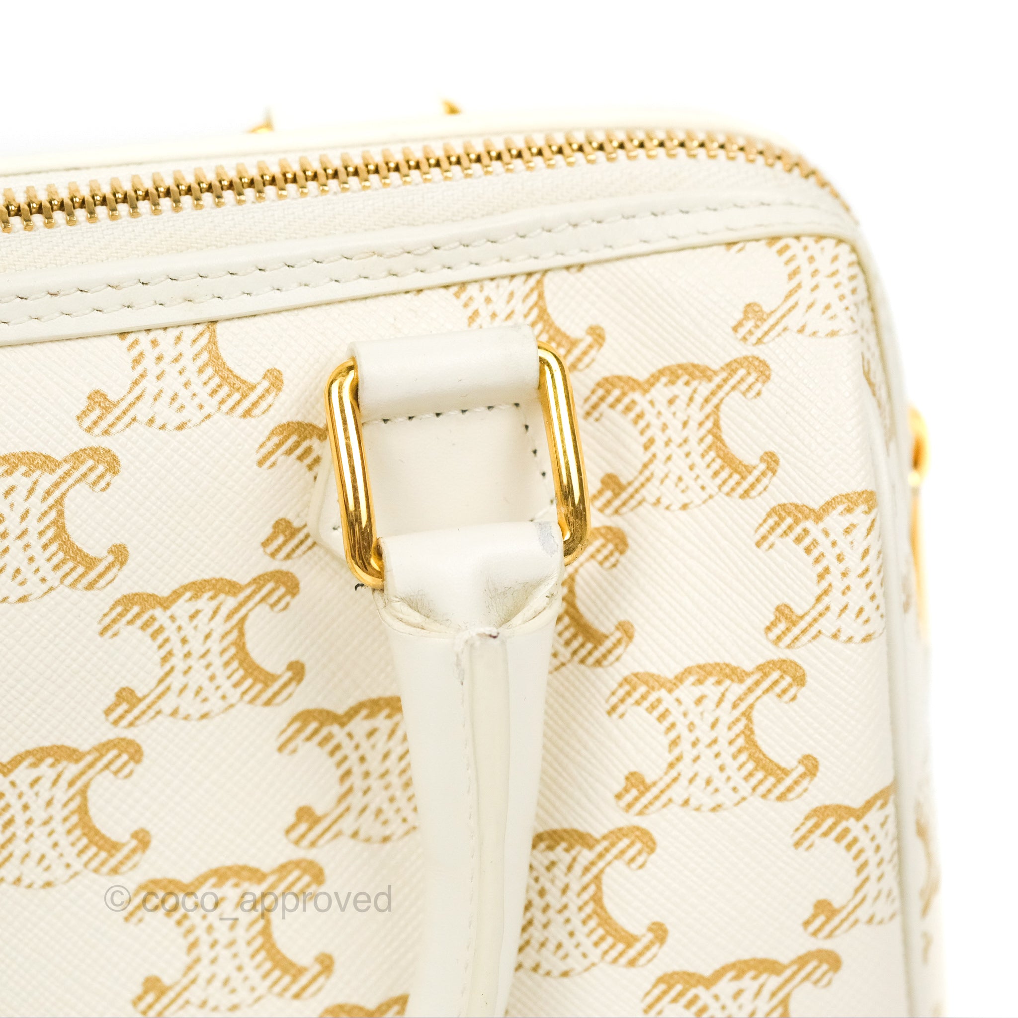 Celine Small Boston Bag in White Triomphe Canvas & Calfskin Leather - Perfect for Work, Travel & Everyday Luxury