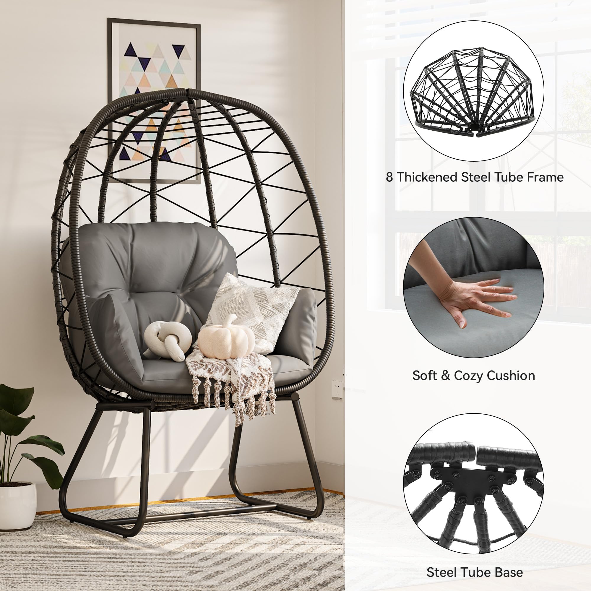 YITAHOME Gray Egg Chair with Stand - Indoor/Outdoor Wicker Lounge Chair with Cushion, PE Rattan Hanging Chair for Patio, Garden, Backyard, Porch - Perfect for Relaxing, Reading & Sunbathing