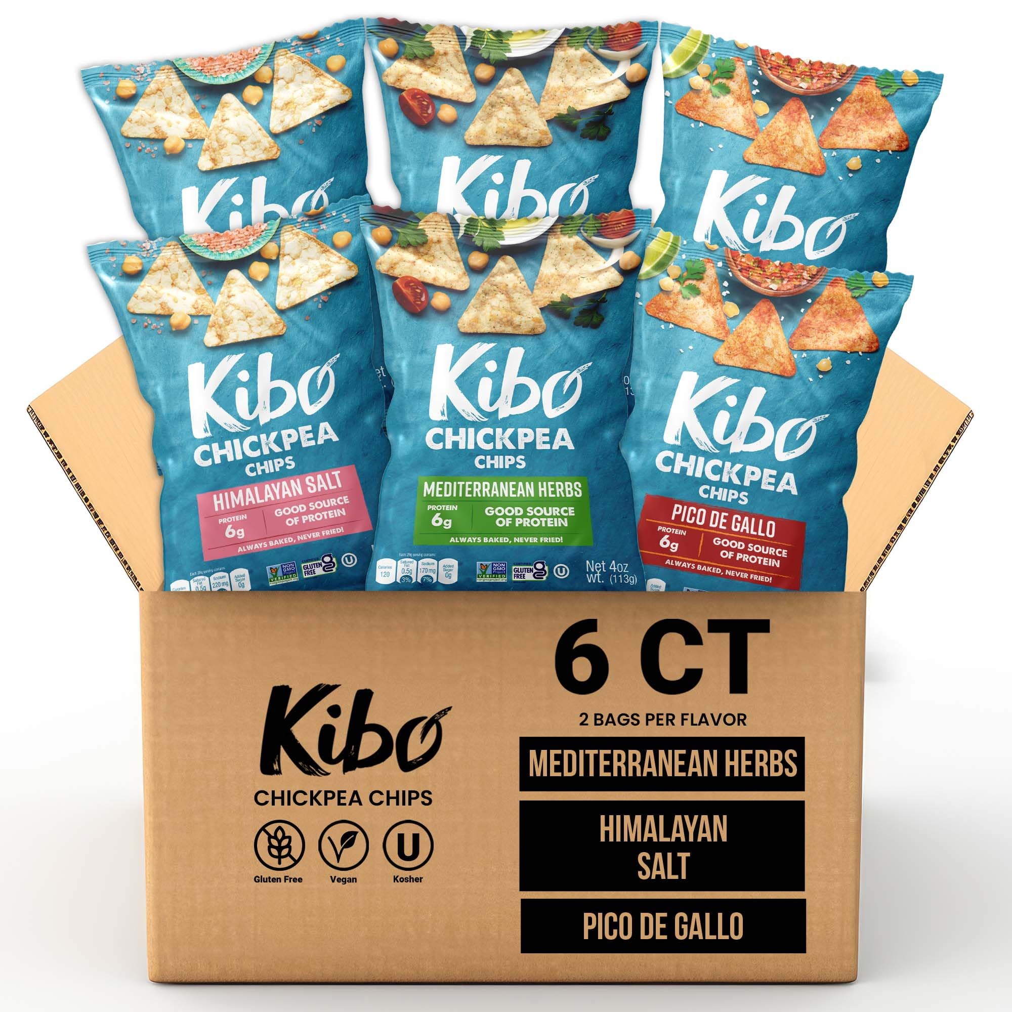 Kibo Chickpea Chips Variety Pack (6 Pack) - High Protein, High Fiber, Gluten-Free, Vegan Snacks - Non-GMO, Plant-Based Chips Made with Real Vegetables - Perfect for Healthy Snacking, Lunch Boxes & On-the-Go Nutrition