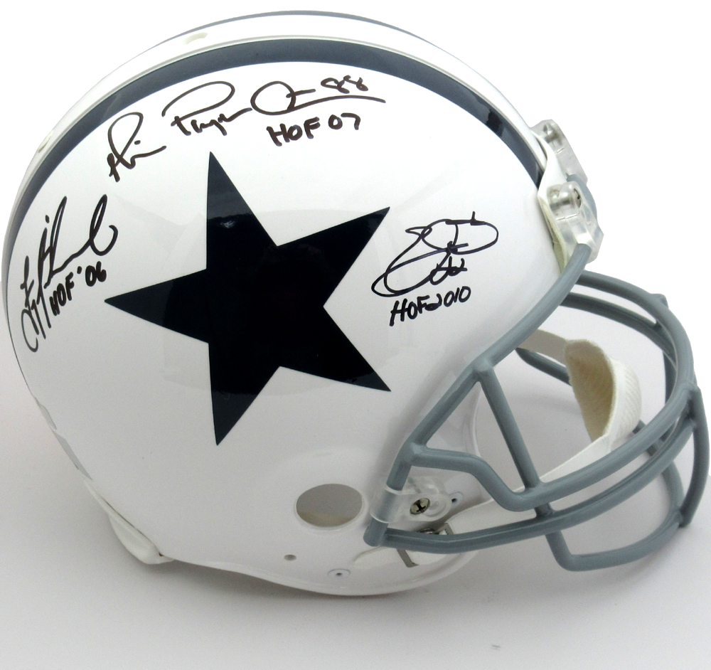 Authentic Signed Dallas Cowboys NFL Helmet - Troy Aikman, Emmitt Smith & Michael Irvin Autographs with HOF Inscriptions | Collectible Football Memorabilia for Fans, Man Cave Decor, and Sports Gift