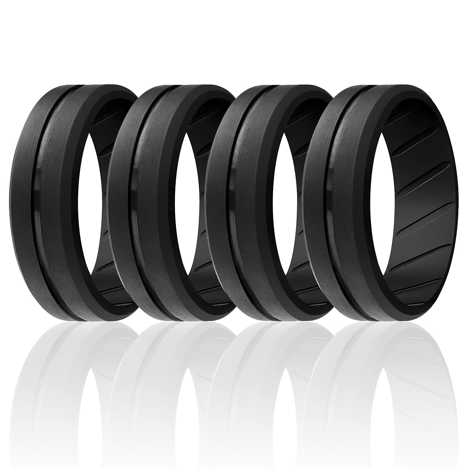 ROQ Silicone Rubber Wedding Ring for Men – Comfort Fit, Breathable, 8mm Wide & 2mm Thick with Engraved Middle Line – Multi-Pack in Various Colors | Perfect for Active Lifestyles, Gym, Swimming & Outdoor Adventures