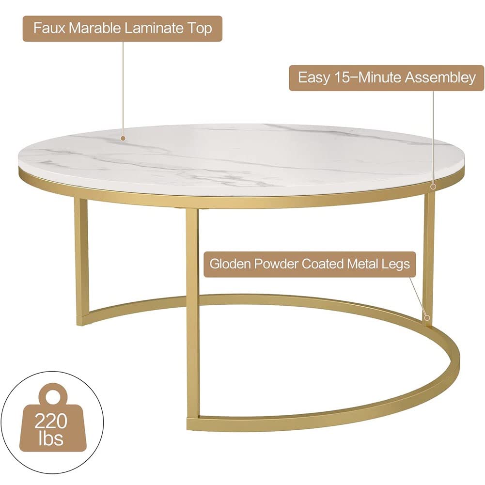 Round Nesting Coffee Table Set of 2 - White Marble Look Table Top with Metal Frame - Modern Side End Tables for Living Room, Bedroom (70+50cm) - Perfect for Snacks, Tea Time and Small Space Decor
