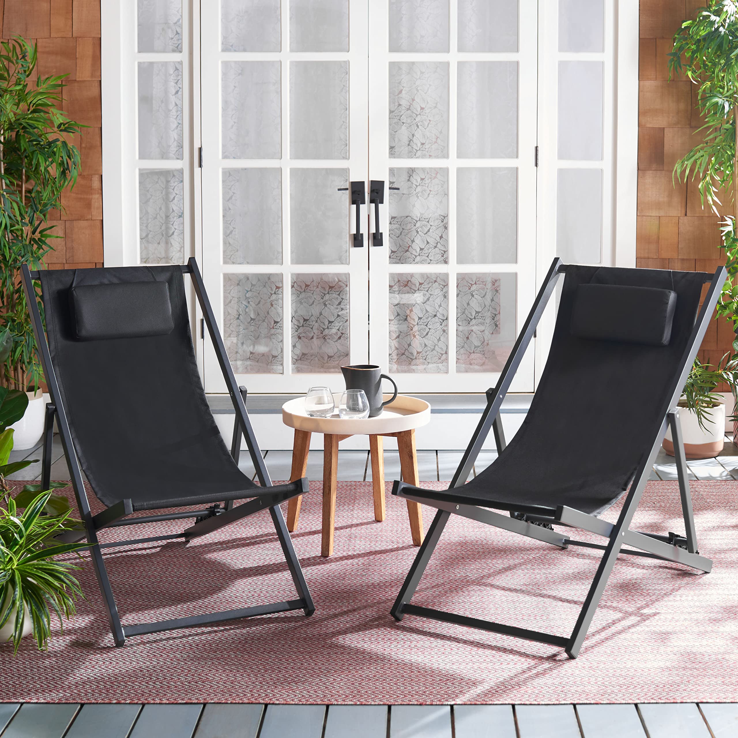 **Safavieh PAT9039C-SET2 Outdoor Folding Sling Chair Set of 2 - Adjustable, Black, Fully Assembled - Perfect for Patio, Poolside, and Backyard Relaxation**