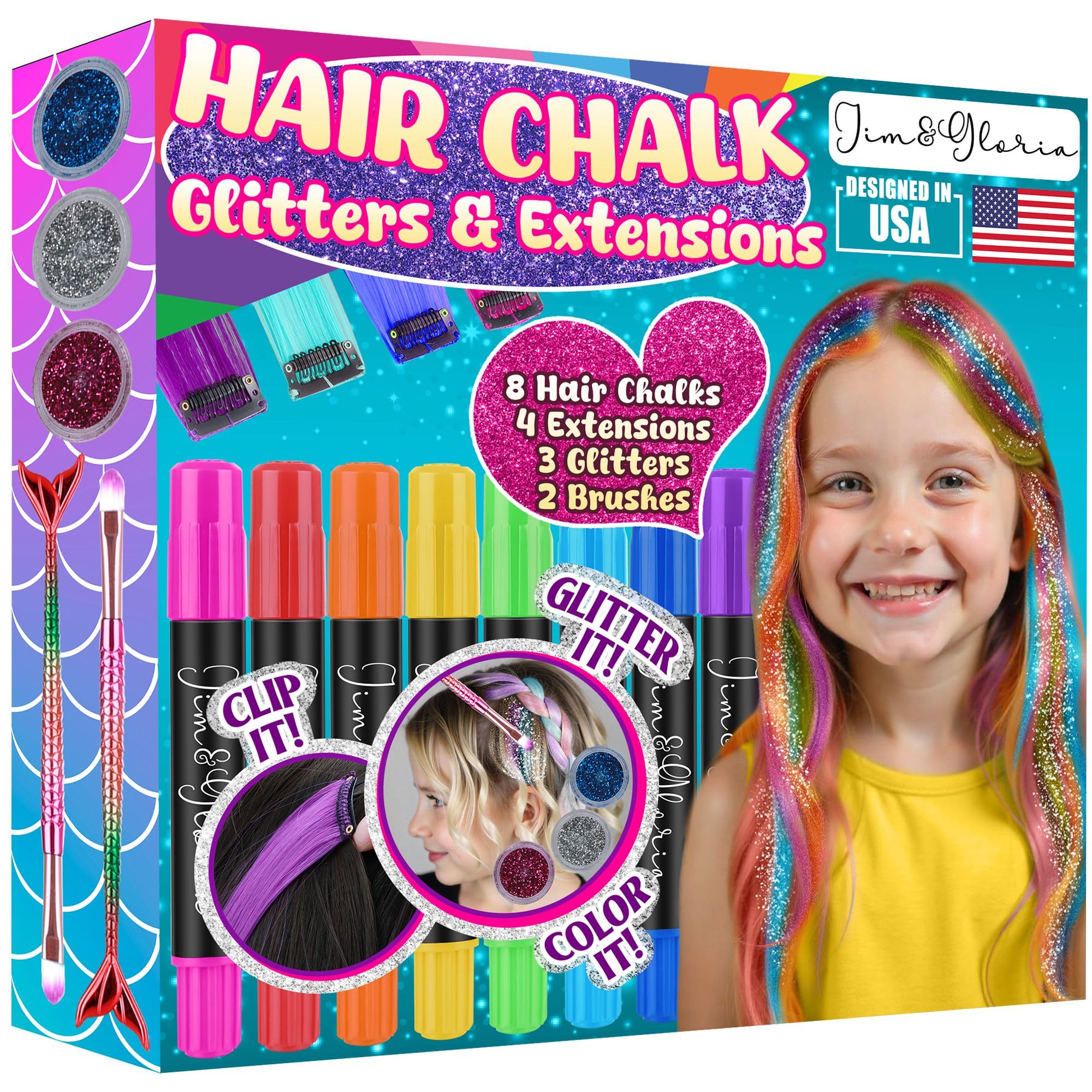 **Jim&Gloria Washable Dustless Hair Chalk Kit for Girls - Includes Clip-in Hair Extensions, Brushes & Glitters | Temporary Hair Color Dye for Kids & Teens (Ages 7-14) | Perfect for Parties, Halloween & Trendy Hairstyles**