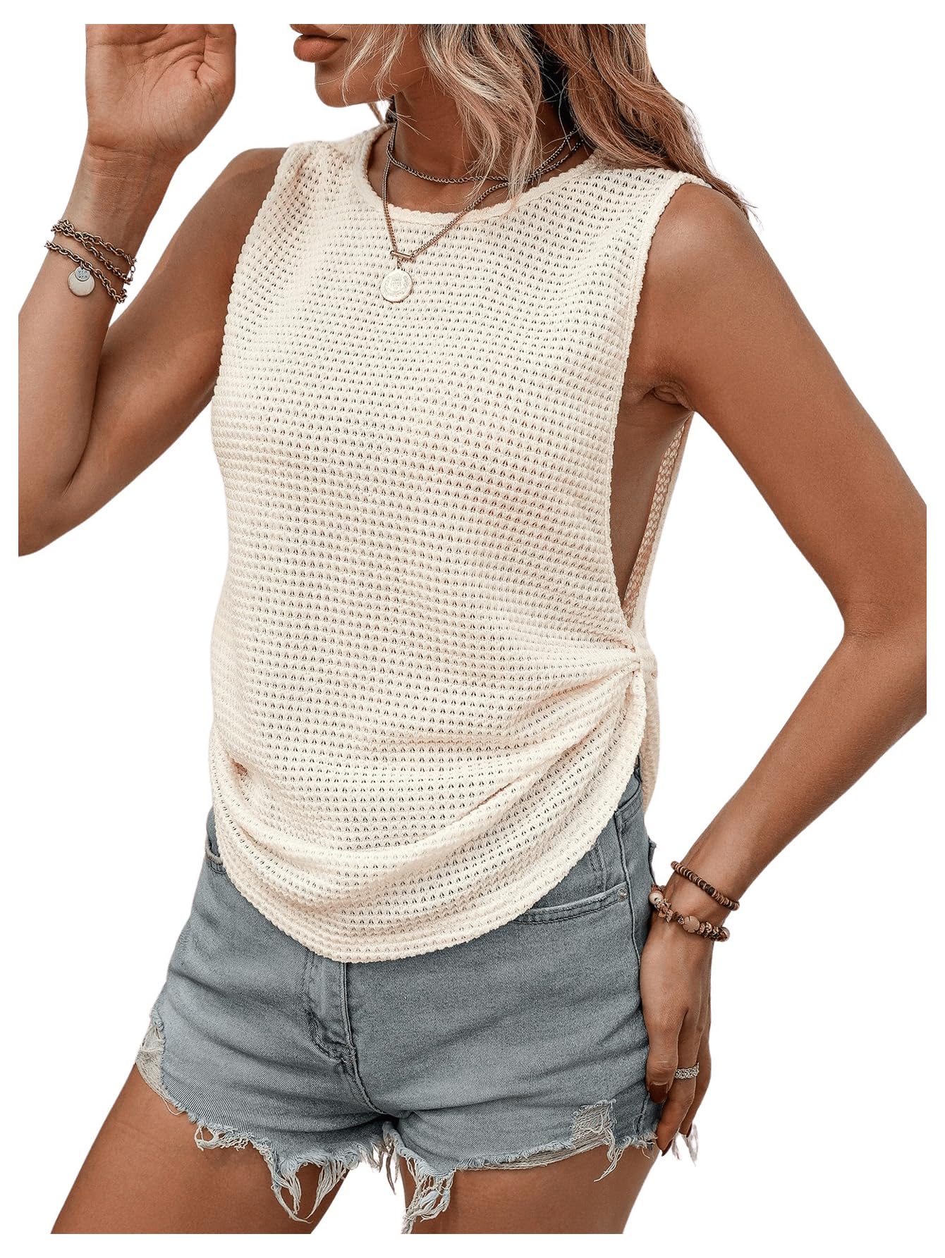SOLY HUX Women's Waffle Knit Tank Top - Side Knot Vest, Round Neck Sleeveless Summer Tops for Women | Casual Beachwear, Vacation Outfits & Summer Fashion