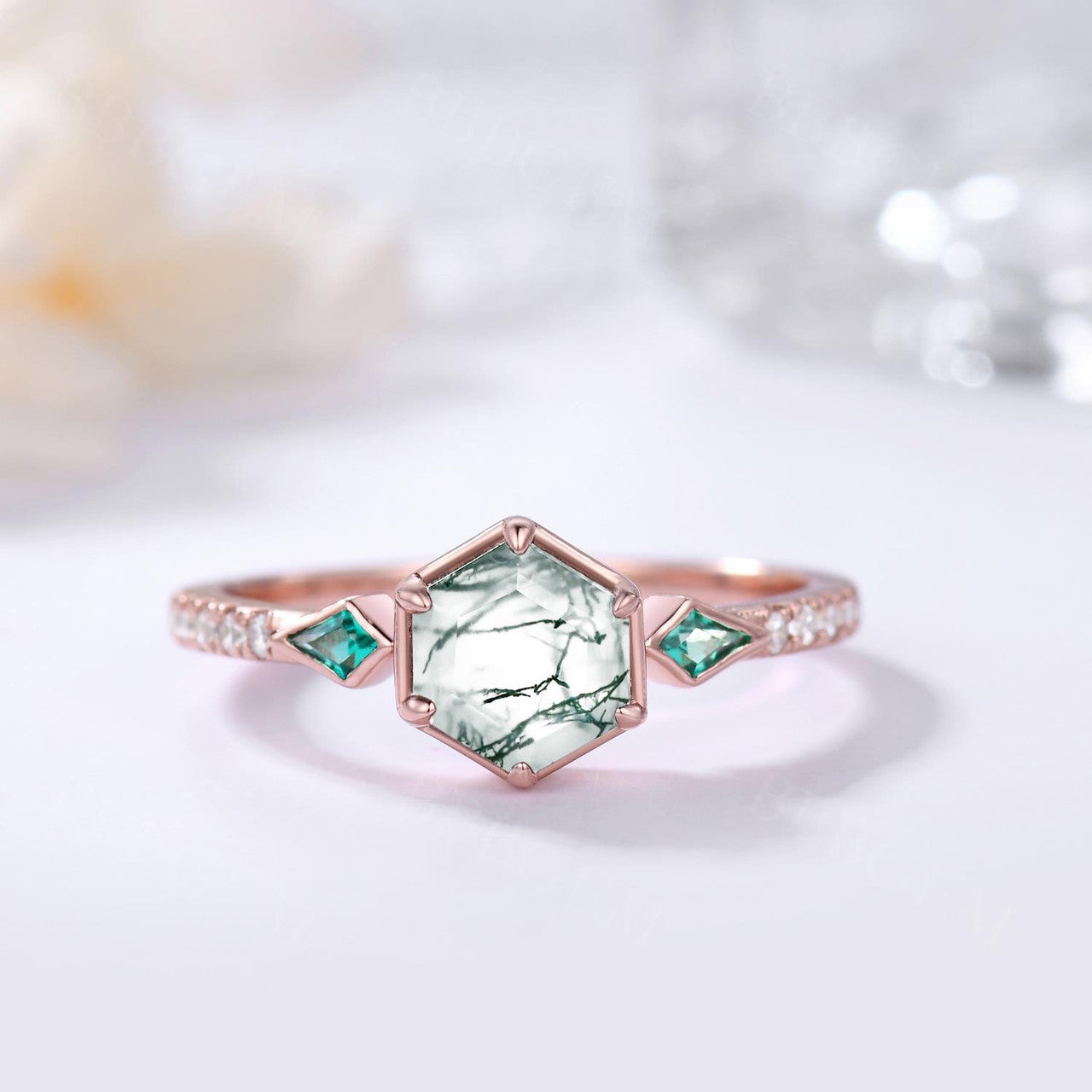Natural Hexagon Green Moss Agate and Kite Emerald Engagement Ring Set with Diamond Wedding Band - Elegant Bridal Jewelry for Proposals, Weddings & Anniversaries