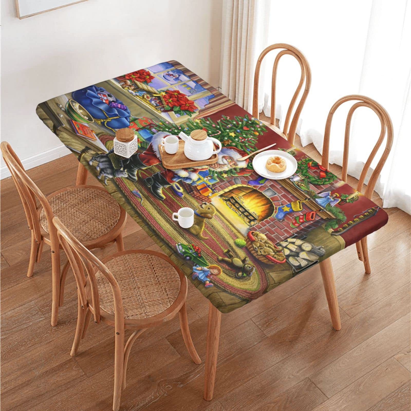 Waterproof 4 Foot Rectangle Christmas Tree Tablecloth - Foldable Elastic Edged Fitted Table Cover for Xmas Party, Dining Room & Picnic | Holiday Puppy Dog Design Decor