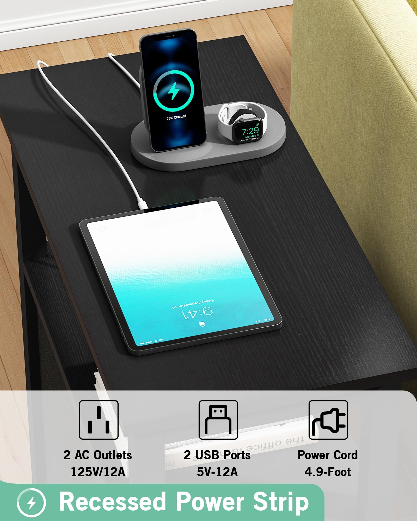 Sandinrayli 2-Piece Black Wooden End Table Set with Charging Station - Nightstand with 2 USB Ports & 2 Power Outlets for Bedroom, Living Room, Office - Modern Side Tables with Convenient Device Charging