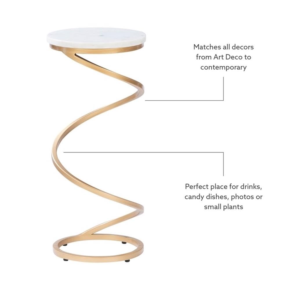 Modern Round Metal & Marble Side Table with Spiral Base - Gold/White Finish - Perfect for Living Room, Patio, or Office Decor