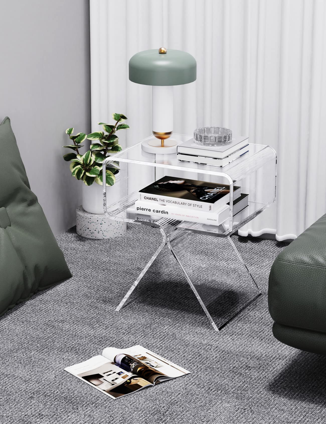 Modern Clear Acrylic Nightstand Side Table - Minimalist End Table for Living Room, Bedroom & Office - Home Decor Display Shelf for Books, Lamps & Decorations