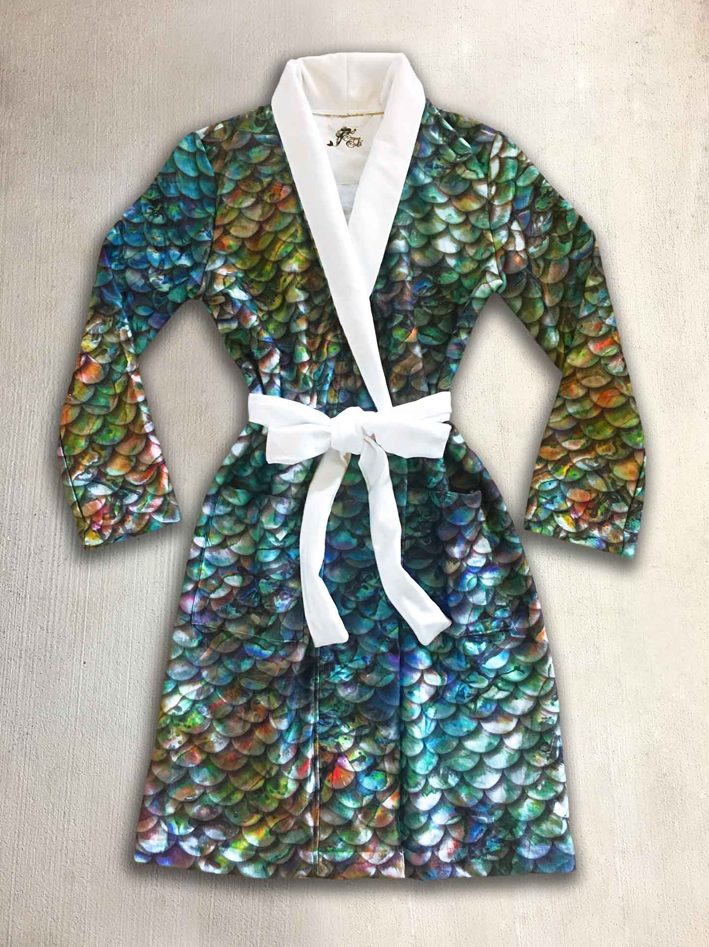 Luxury Terry Abalone Mermaid Scale Bathrobe by Cape Cali - Soft Plush Kimono Robe for Women, Spa, Beach Cover Up & Loungewear