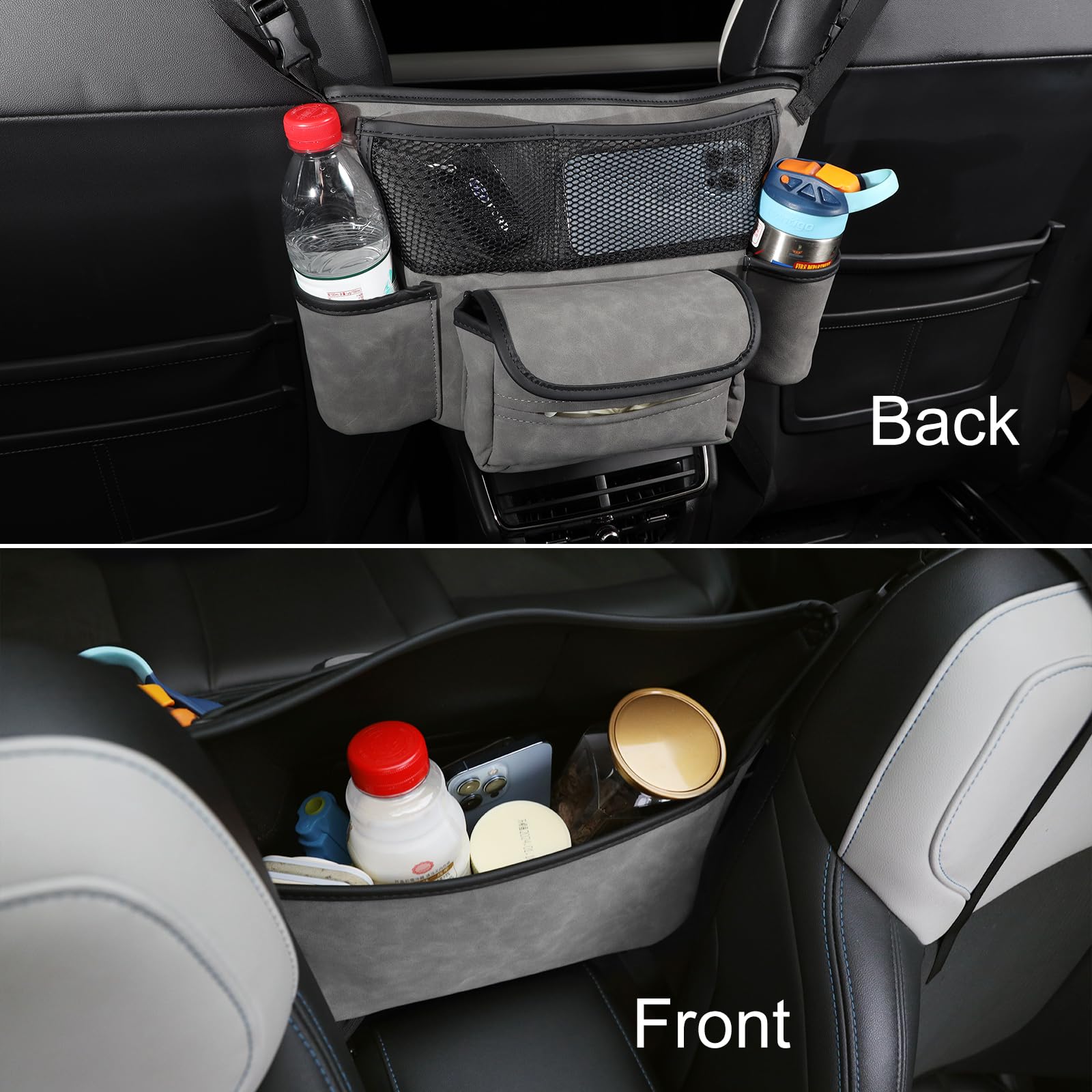 Car Seat Organizer with Cup Holders, Tissue Box Holder & Purse Storage - Universal Front Seat Gap Organizer (Grey) - Perfect for Road Trips, Daily Commute & Family Travel Accessories