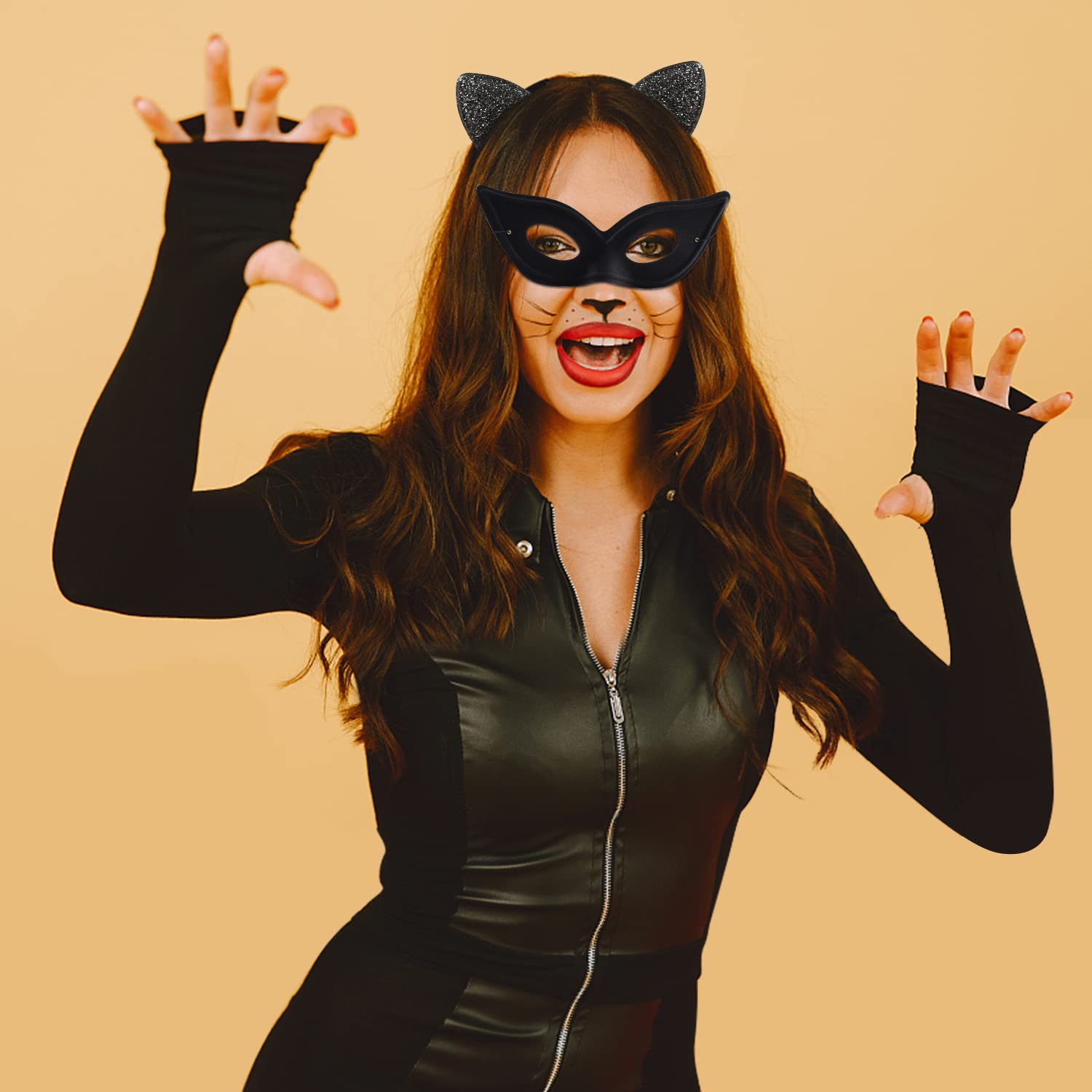 Sparkly Cat Ear Headband with Matching Face Mask - Glitter Kitty Ears Hairband for Halloween Costume & Cosplay - Perfect for Parties, Dress-Up, and TikTok Videos