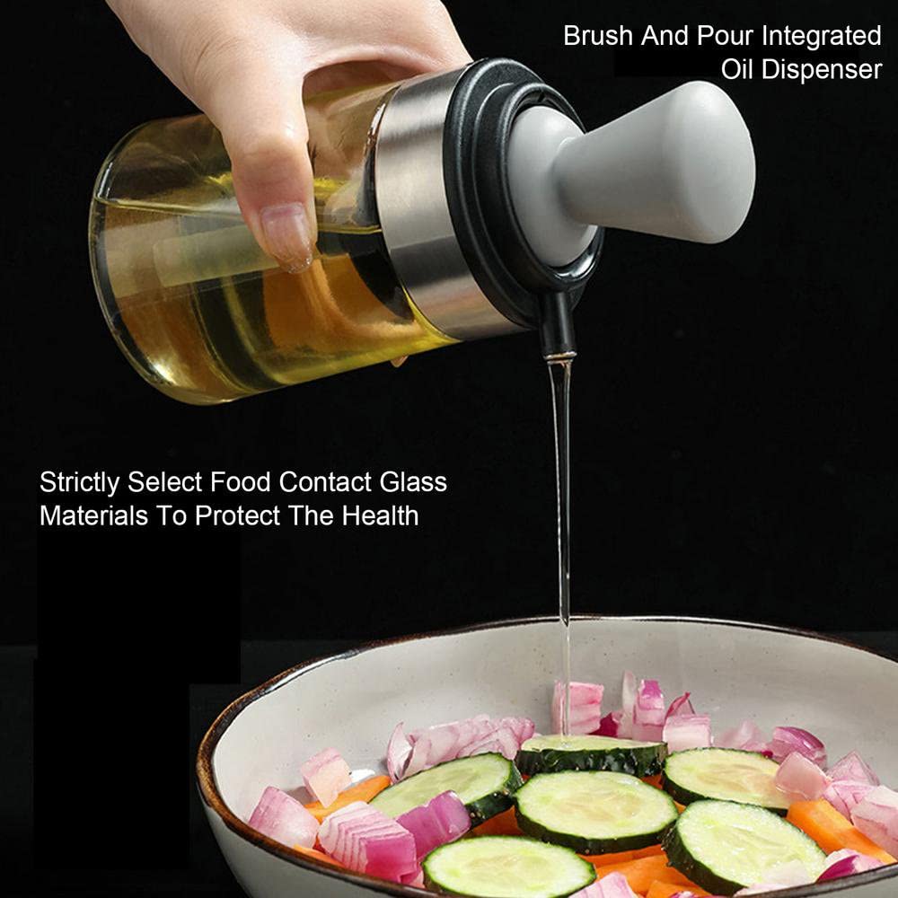 Premium Glass Olive Oil Bottle with Silicone Brush - 2-in-1 Oil Dispenser for Cooking, Frying, Baking & BBQ - Perfect for Kitchen, Air Fryer & Pancake Making (Grey)