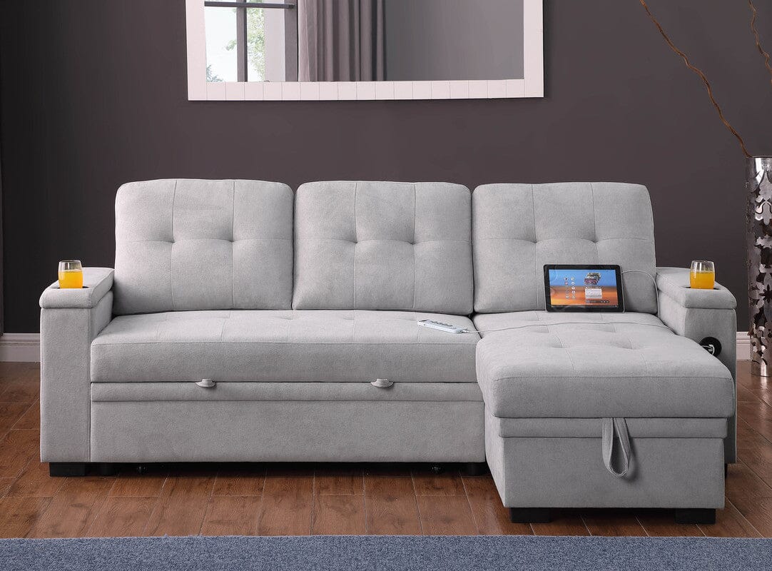 Ashlyn II 84W Gray Woven Fabric Reversible Sleeper Sectional Sofa with Storage Chaise - Convertible Couch with Cup Holders, USB Charging Ports & Side Pockets | Perfect for Small Spaces, Living Rooms & Guest Rooms