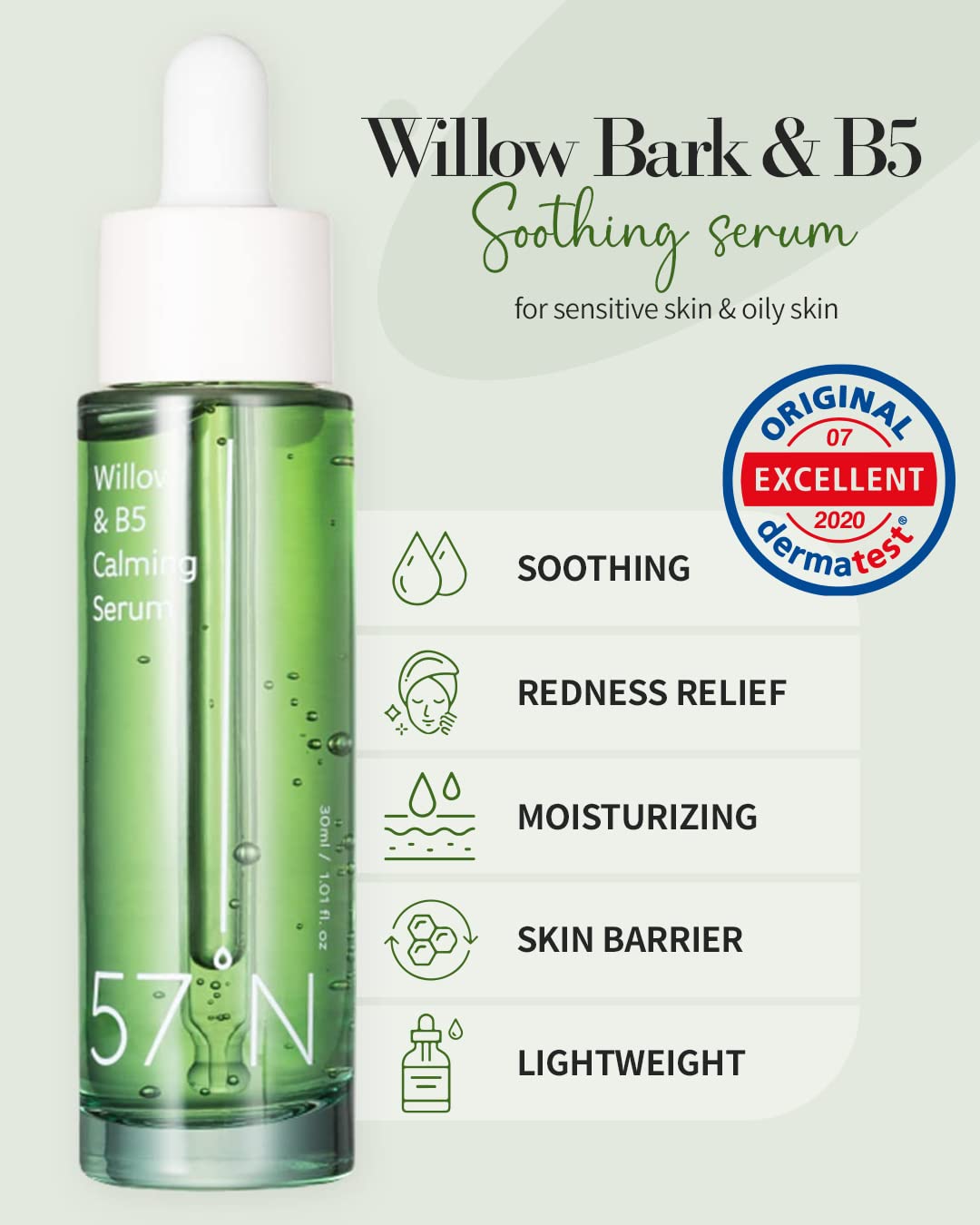 57N Willow and B5 Panthenol Calming Serum - Vegan Soothing Face Serum with Hyaluronic Acid & Vitamin B5 for Skin Barrier Repair | Ideal for Oily & Combination Skin | 1.01 fl oz | Perfect for Daily Skincare Routine & Post-Treatment Calming