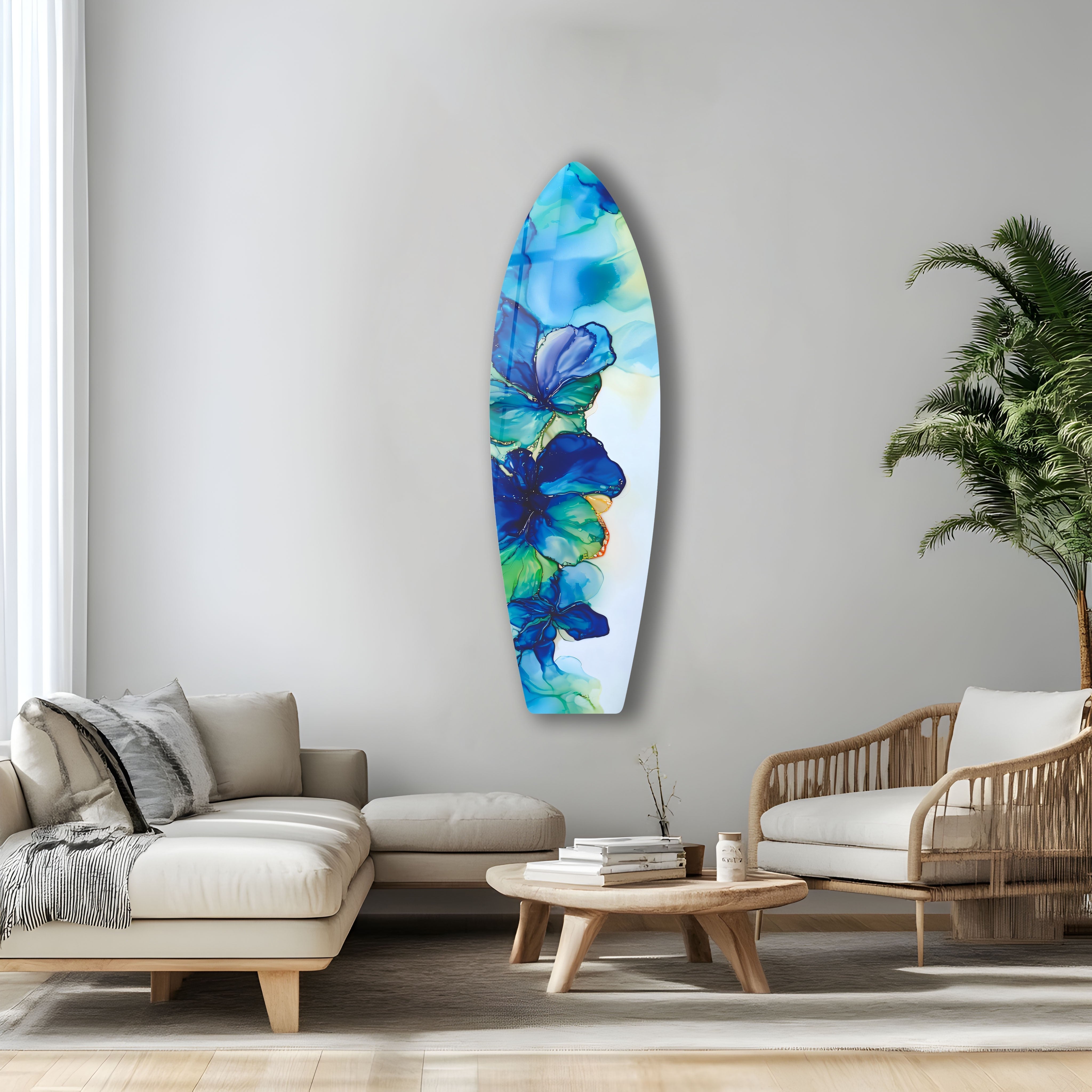 Blue Alcohol Ink Flower Surfboard Wall Art - Handmade Coastal Decor for Beach House, Living Room & Bedroom - Unique Ocean Themed Painting for Home & Office