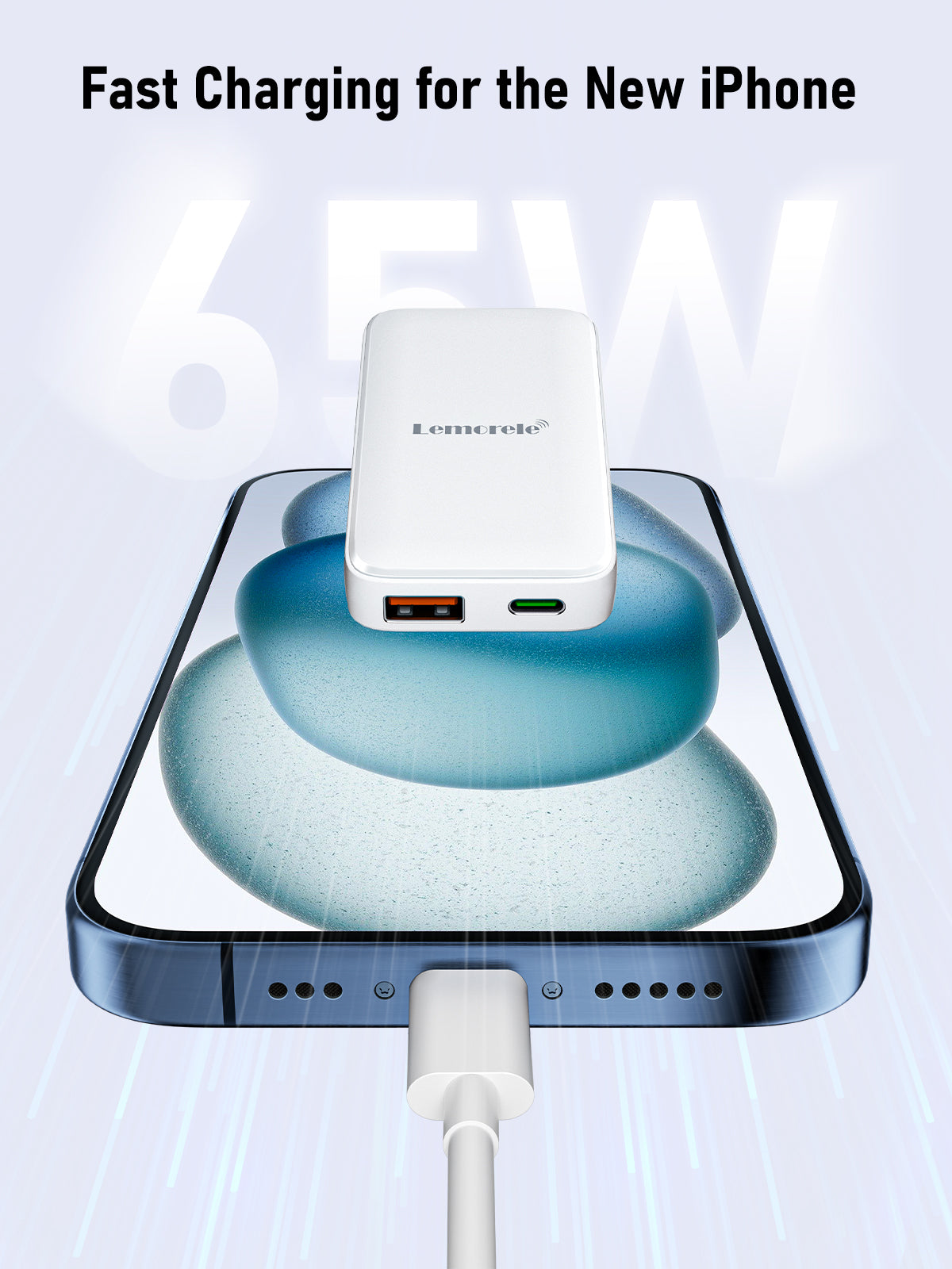 Lemorele 65W Ultra Thin PD Fast Charger - White JHPD065W1A1C 03 | Compact GaN Charging Brick for iPhone 15/14/13, MacBook, iPad, Samsung Galaxy | Perfect for Travel, Office & Home Use