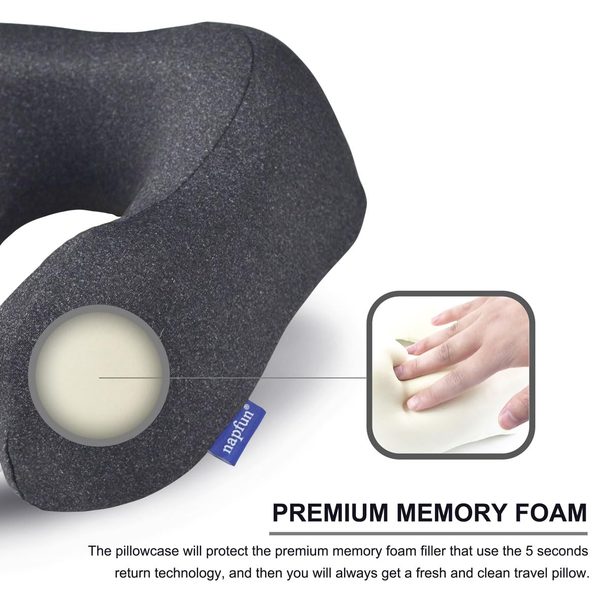 NapFun Upgraded 100% Pure Memory Foam Travel Neck Pillow for Airplane Sleeping - Ergonomic Headrest Support for Long Flights, Portable Travel Accessory (Full Black) - Perfect for Business Trips, Road Trips & Camping