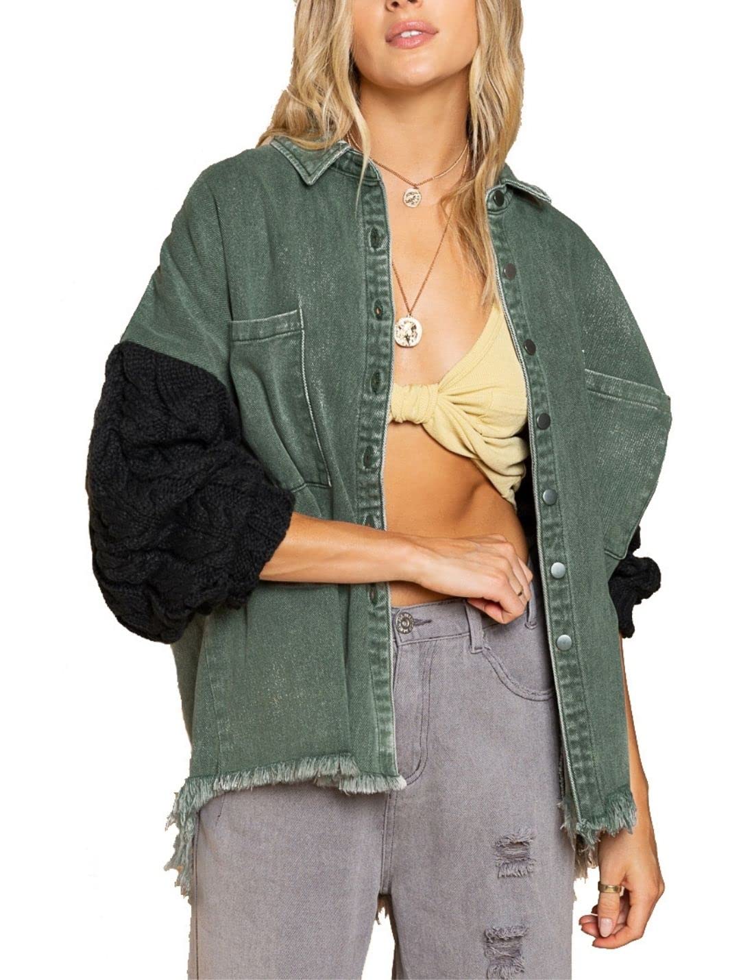 Women's Distressed Patchwork Denim Jacket - Long Sleeve Button Up Jean Coat for Casual Outfits & Streetwear Fashion | Perfect for Fall Layering, Weekend Outings, and Vintage Style Looks