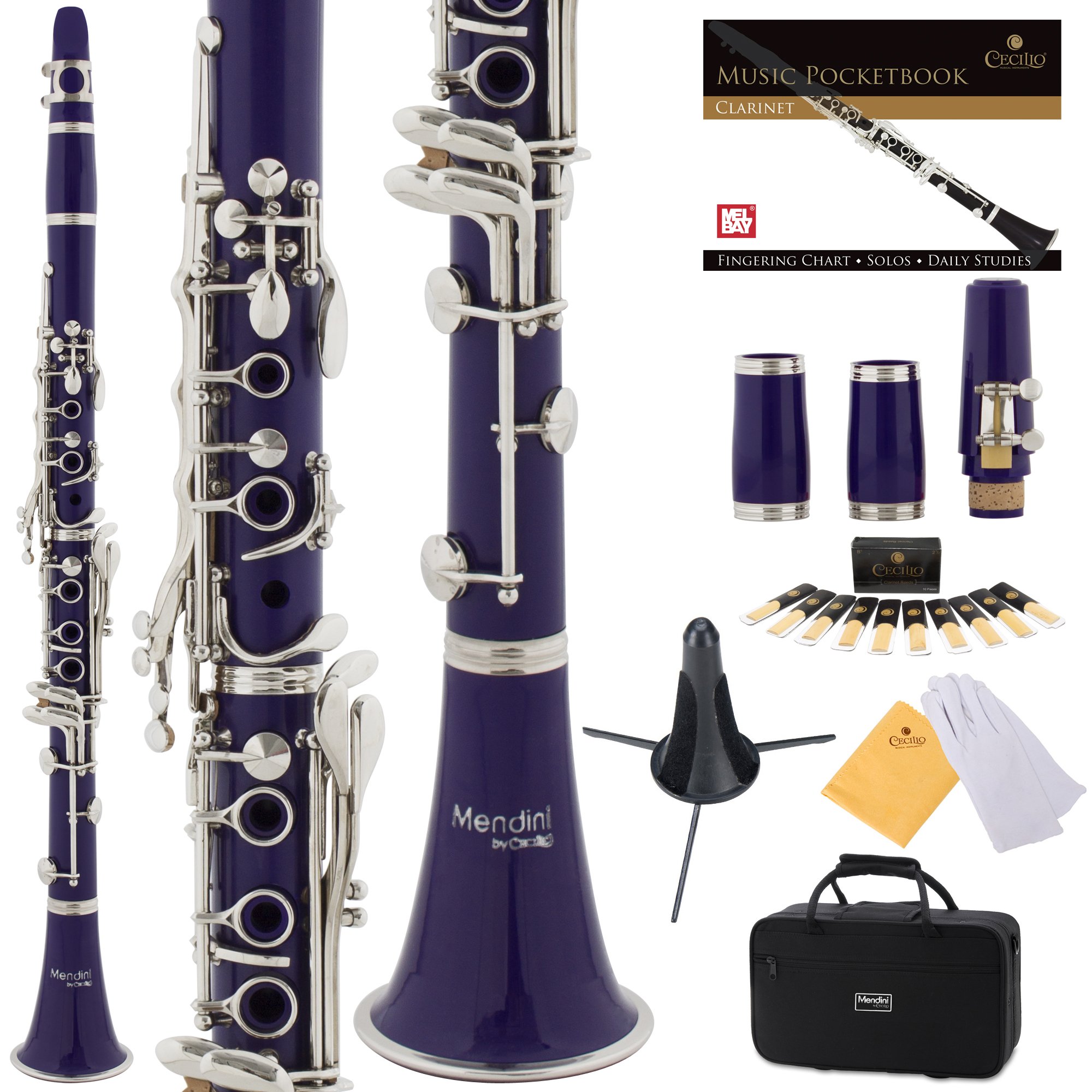 **Mendini by Cecilio B Flat Beginner Clarinet Set - Purple Bb Student Clarinet with 2 Barrels, Case, Stand, Book, 10 Reeds & Mouthpiece | Ideal for Students & Beginners | Woodwind Musical Instrument for School Bands & Practice**