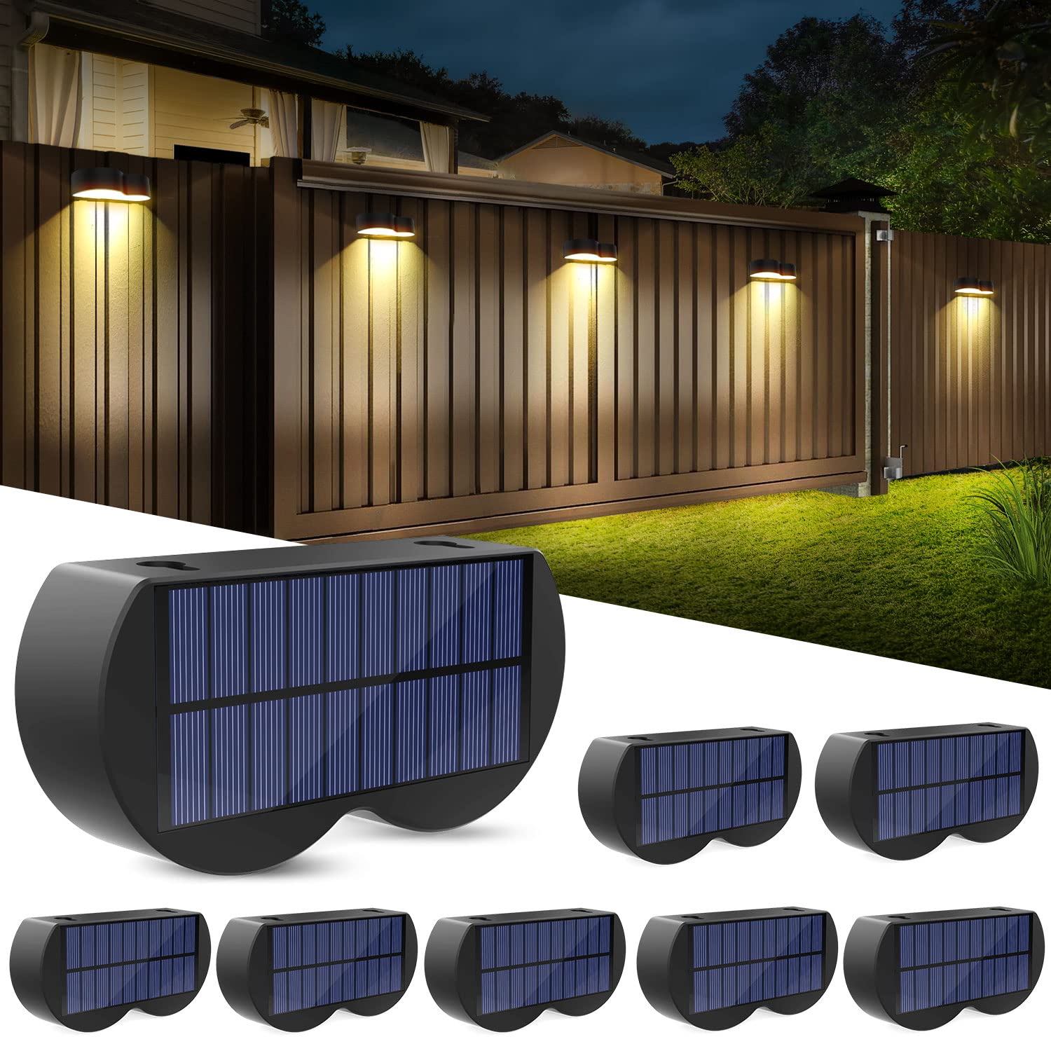 8 Pack Amiluo Solar Fence Lights - Waterproof IP65 Outdoor Solar Lights with Cold White, Warm White & RGB Color Changing Modes | Perfect for Fence, Deck, Stairs, Yard, Garden & Pathway Lighting