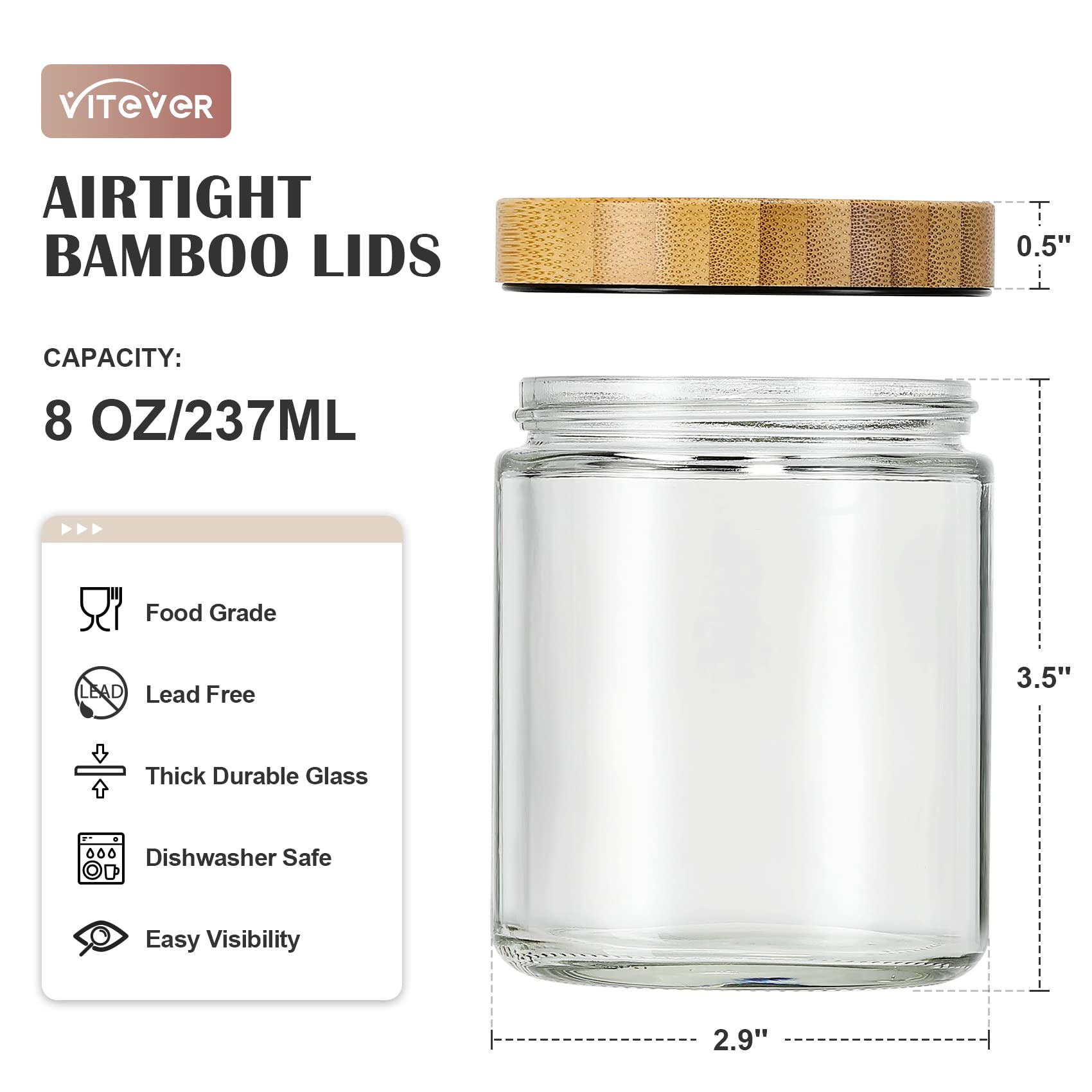 VITEVER 12 Pack 8oz Thick Glass Candle Jars with Bamboo Lids - Clear Round Empty Containers for DIY Candle Making, Food Storage, Spices, Powders & Liquids | Perfect for Home Decor, Wedding Favors & Gift Packaging