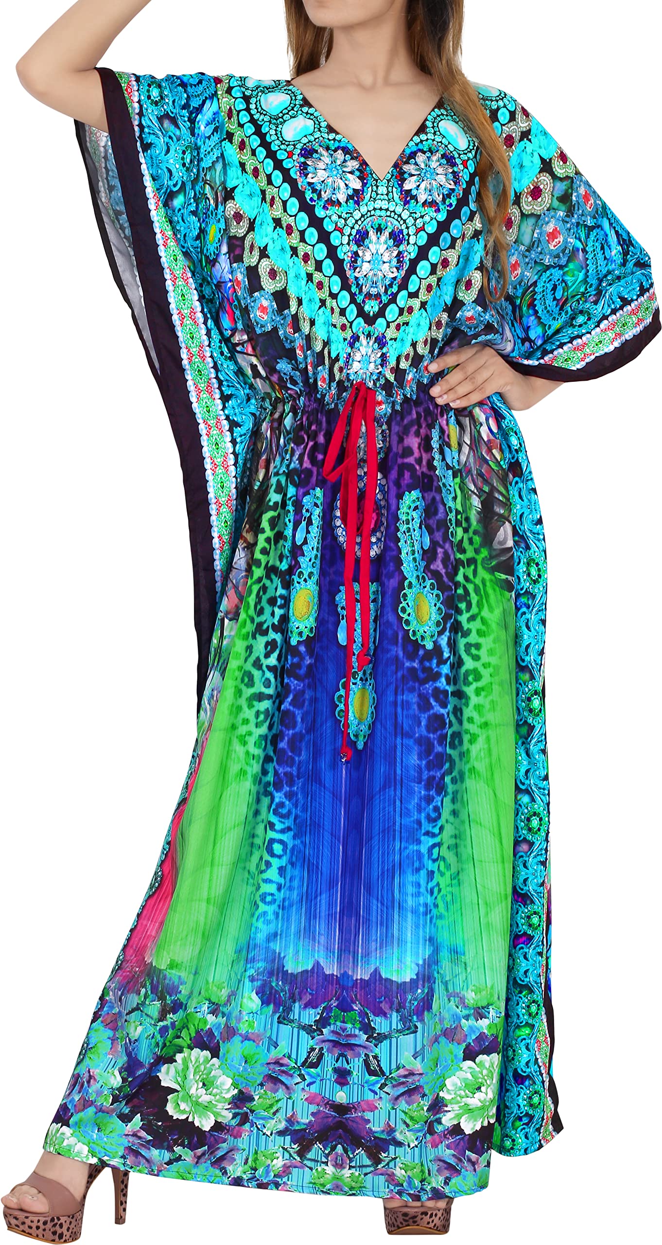 LA LEELA Women's Plus Size Maxi Caftan Dress with Long Slit - Flowy Boho Beach Cover Up, Sky Animal Print - Perfect for Vacation, Pool Party & Summer Outfits