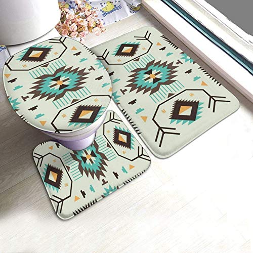 JJLIN Southwestern Native American Bathroom Rug Set - 3-Piece Anti-Slip Water Absorbent U-Shaped Toilet Mat & Seat Cover - Decorative Doormat for Bathroom, Toilet & Home Decor