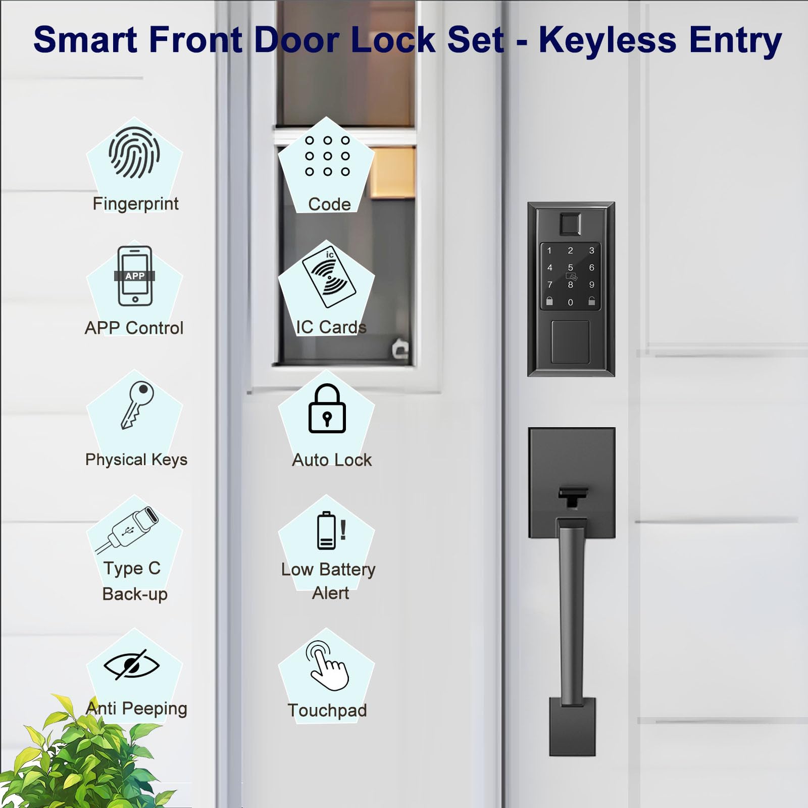 Smart Keyless Entry Door Lock with Fingerprint & App Control - Matte Black Front Door Handle Knob Set, Auto Lock Feature for Home Security | Perfect for Smart Homes, Vacation Rentals & Modern Apartments