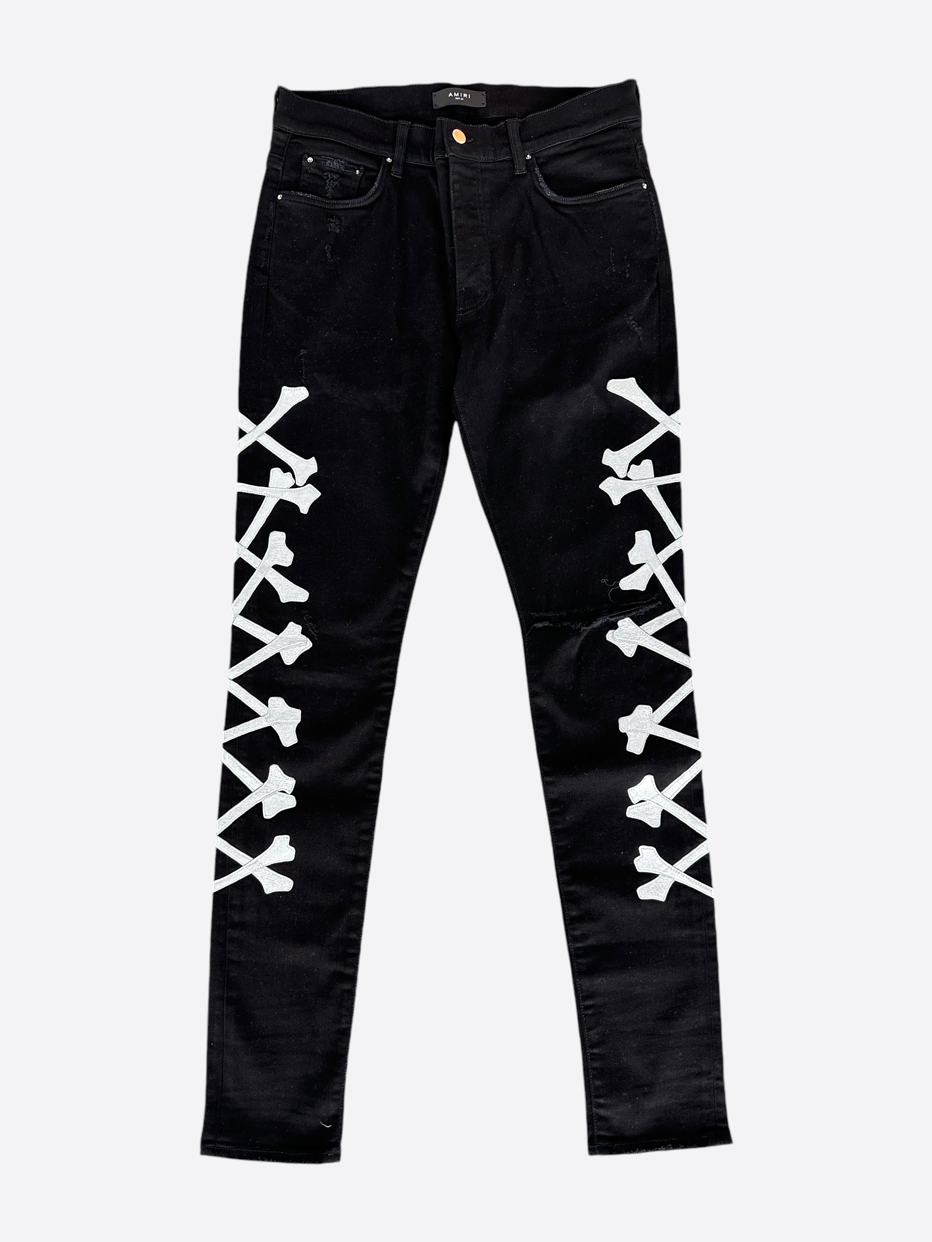 Amiri Black & Silver Bones Applique Distressed Jeans for Men - High Quality Designer Denim Pants | Perfect for Streetwear & Night Out Fashion