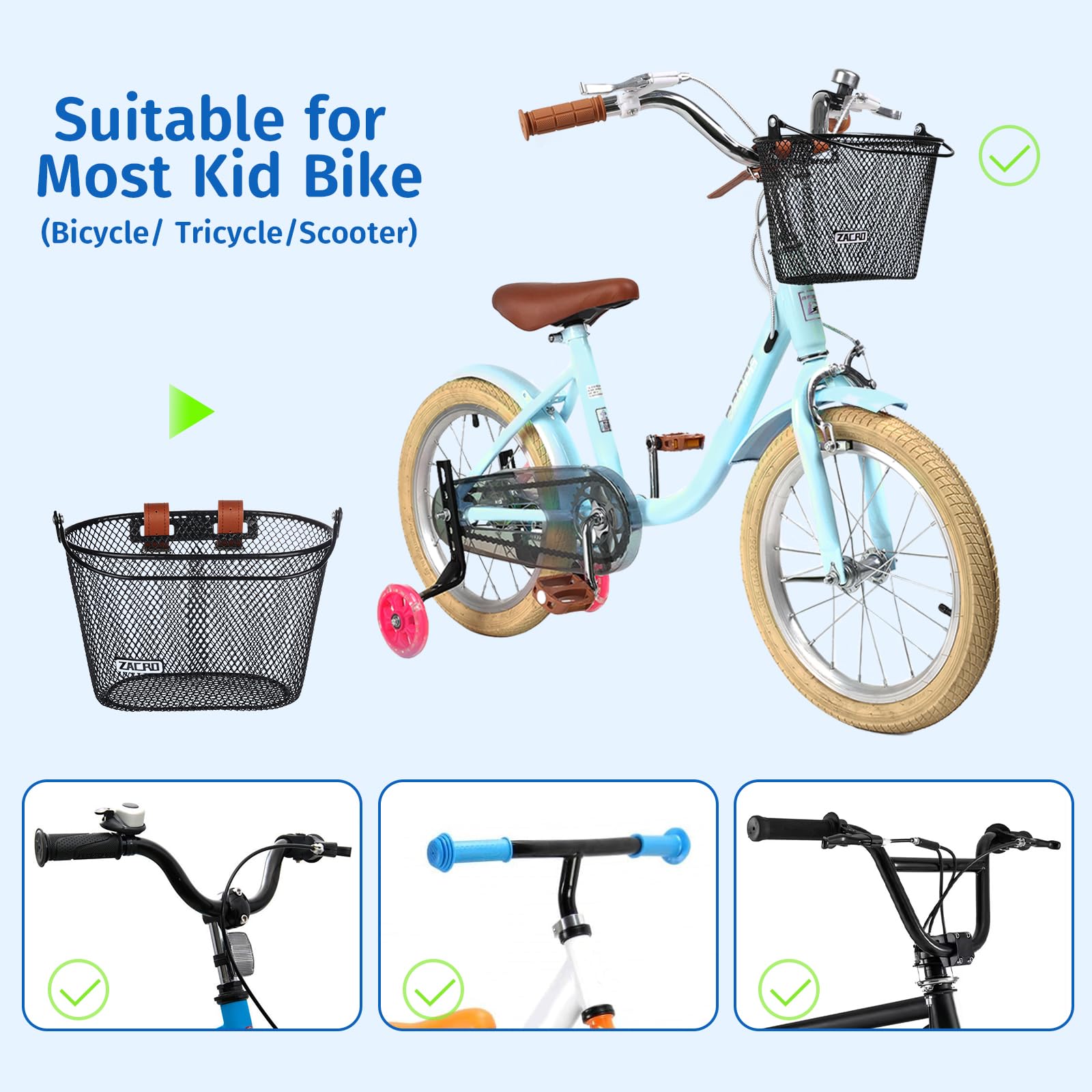 **Upgraded Zacro Kids Bike Basket with Bell & Streamers - Durable Bicycle Basket for Boys & Girls - Perfect for Toddler Bikes & Scooters - Ideal for School, Park Rides & Outdoor Adventures**