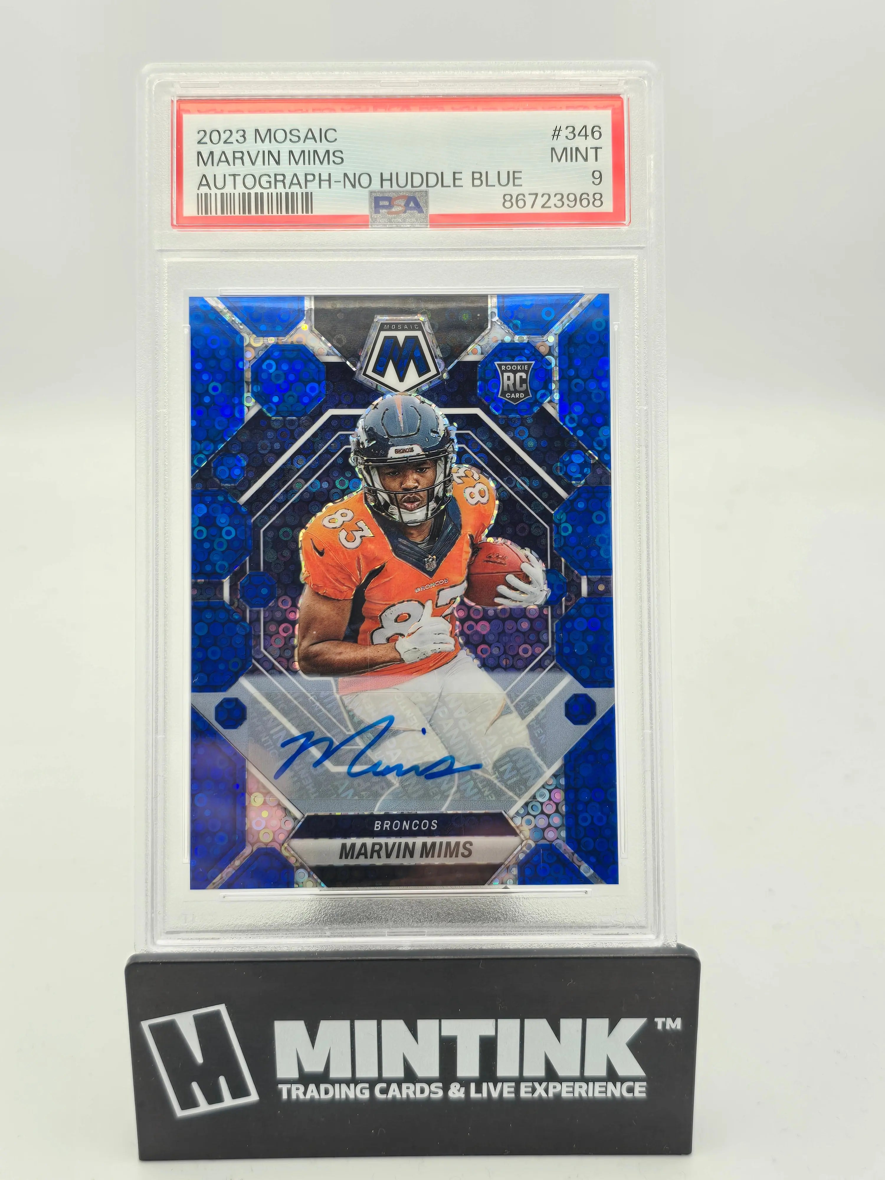 2023 Panini Mosaic Marvin Mims Rookie Card No Huddle Blue Prizm Auto PSA 9 - Perfect for NFL Collectors & Sports Memorabilia Enthusiasts