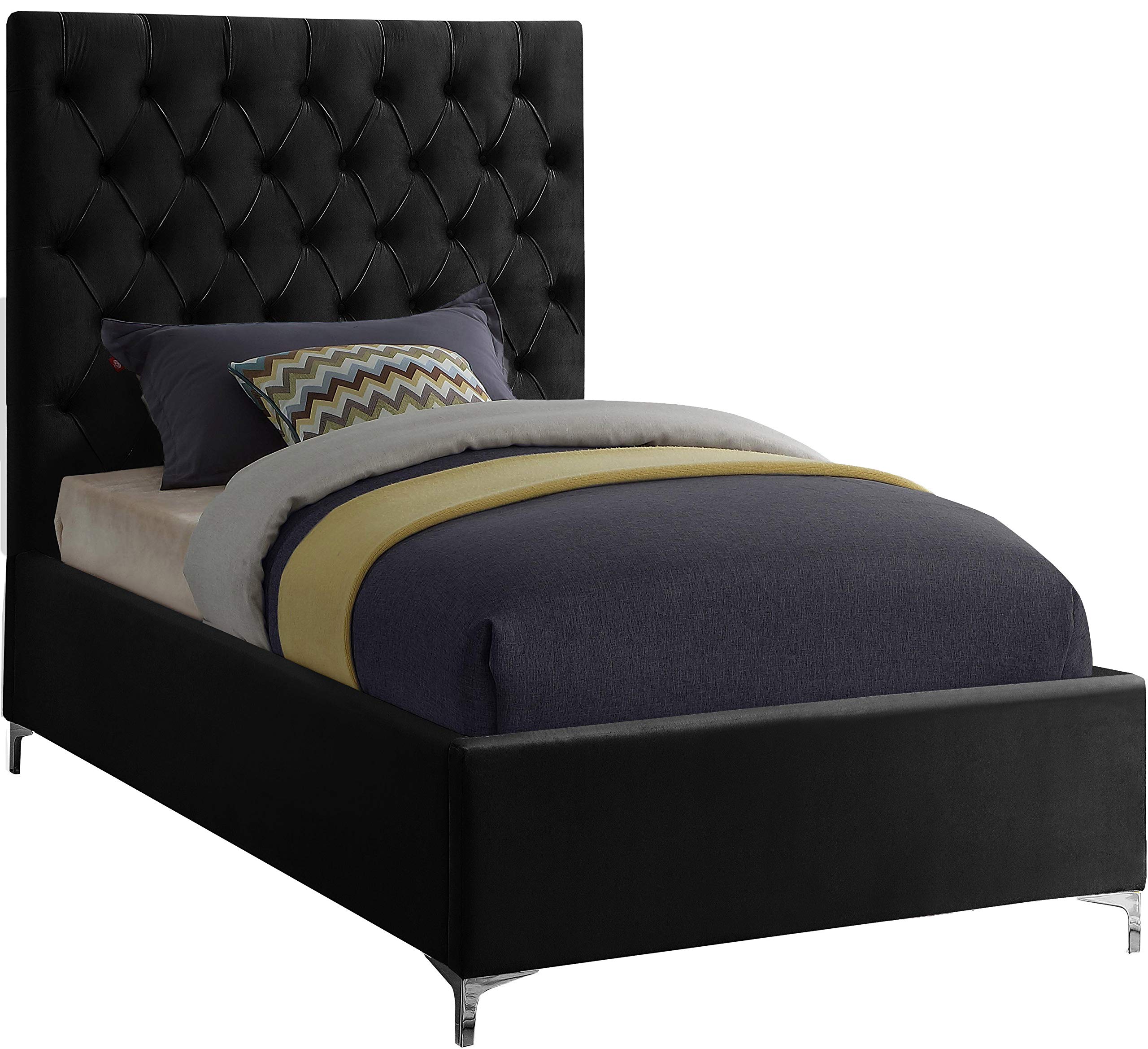 Modern Velvet Upholstered Bed with Deep Button Tufting - Twin Size Black Bed Frame with Gold/Chrome Legs | Meridian Furniture Cruz Collection | Perfect for Contemporary Bedrooms, Guest Rooms & Luxury Apartments