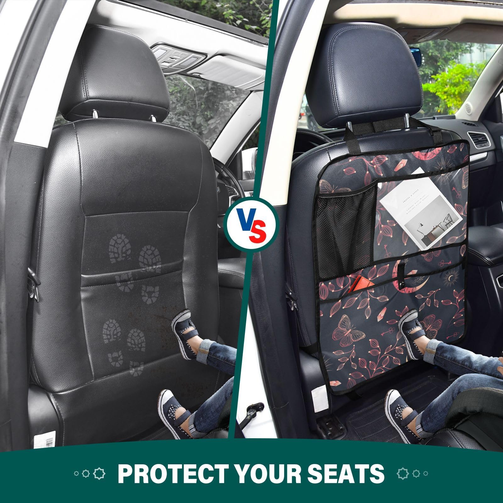 Moon Crystal Print Car Seat Back Organizer - 2 Pack Seatback Protector with Multiple Pockets for Tablet, Bottle, Tissues & Books (25x18 Inch) - Perfect for Road Trips, Family Travel & Daily Commute
