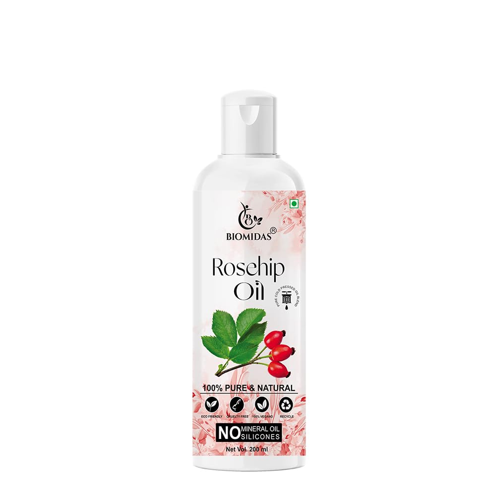 Biomidas 100% Pure Natural Rosehip Oil for Face, Hair & Skin Care - Reduces Acne Scars & Wrinkles, Hydrates Dry Skin - 200ml Bottle | Perfect for Night Routine, DIY Beauty Recipes & Massage Therapy