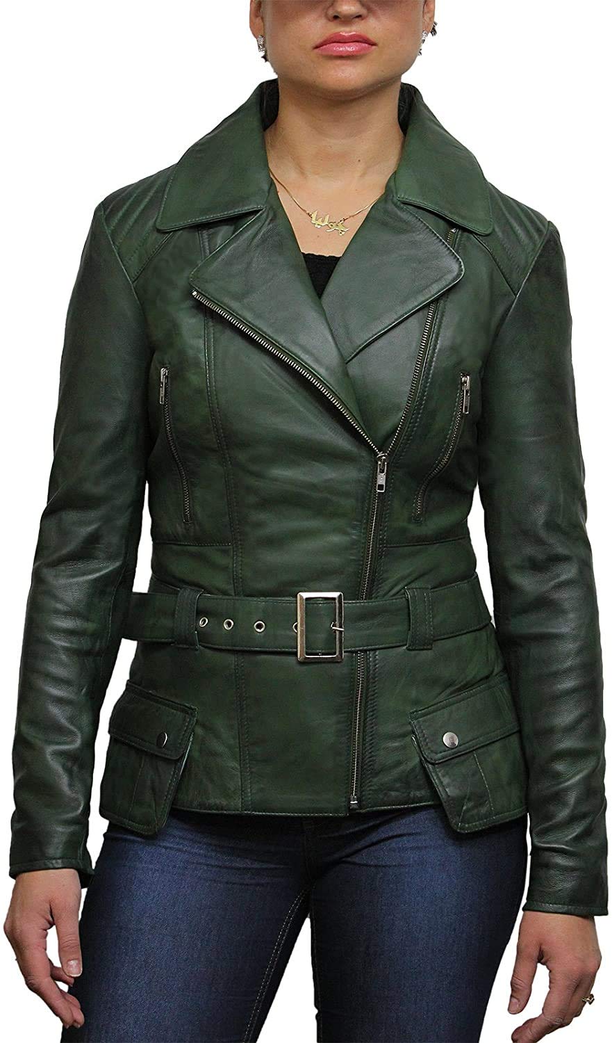 BRANDSLOCK Women's Classic Leather Biker Jacket - Genuine Cowhide, Zipper Closure, Slim Fit Motorcycle Jacket for Riding, Fashion & Outdoor Activities