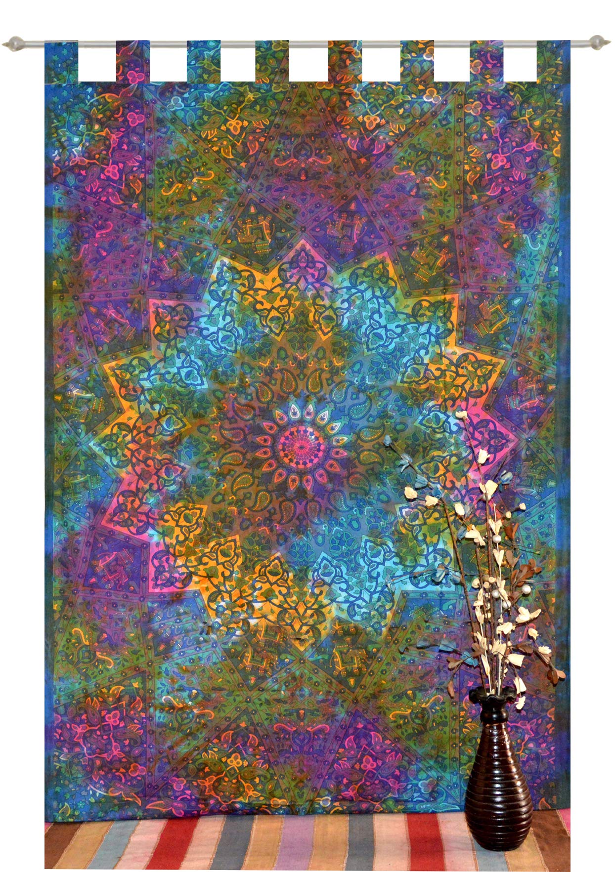 Boho Mandala Window Curtains - Indian Ethnic Tab Top Drape Panels for Balcony & Room Decor - Light Filtering Tapestry Set for Living Room, Bedroom & Boho Home Decor