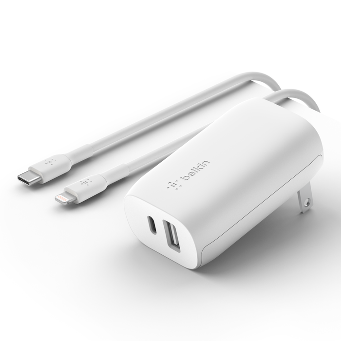Belkin Dual Wall Charger with PPS Cable + USB C & Lightning Connector - Fast Charging for iPhone, Samsung & More - Perfect for Travel, Home & Office Use